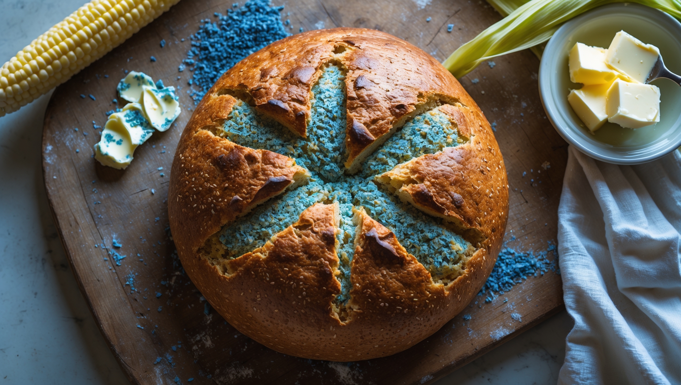An overhead shot of a round, rustic blue cornmeal loaf with a beautiful golden-brown crust and visible cornmeal texture on top. A cross-section reveals the bread's distinctive blue-tinged crumb with small, even air pockets throughout. The loaf rests on a weathered wooden cutting board alongside a vintage butter dish with freshly cut pats of butter slowly melting from the bread's residual warmth. A scattering of blue cornmeal and a few corn husks frame the composition, while soft natural light streams in from a nearby window, highlighting the bread's crackling crust and creating gentle shadows that emphasize its rustic texture.