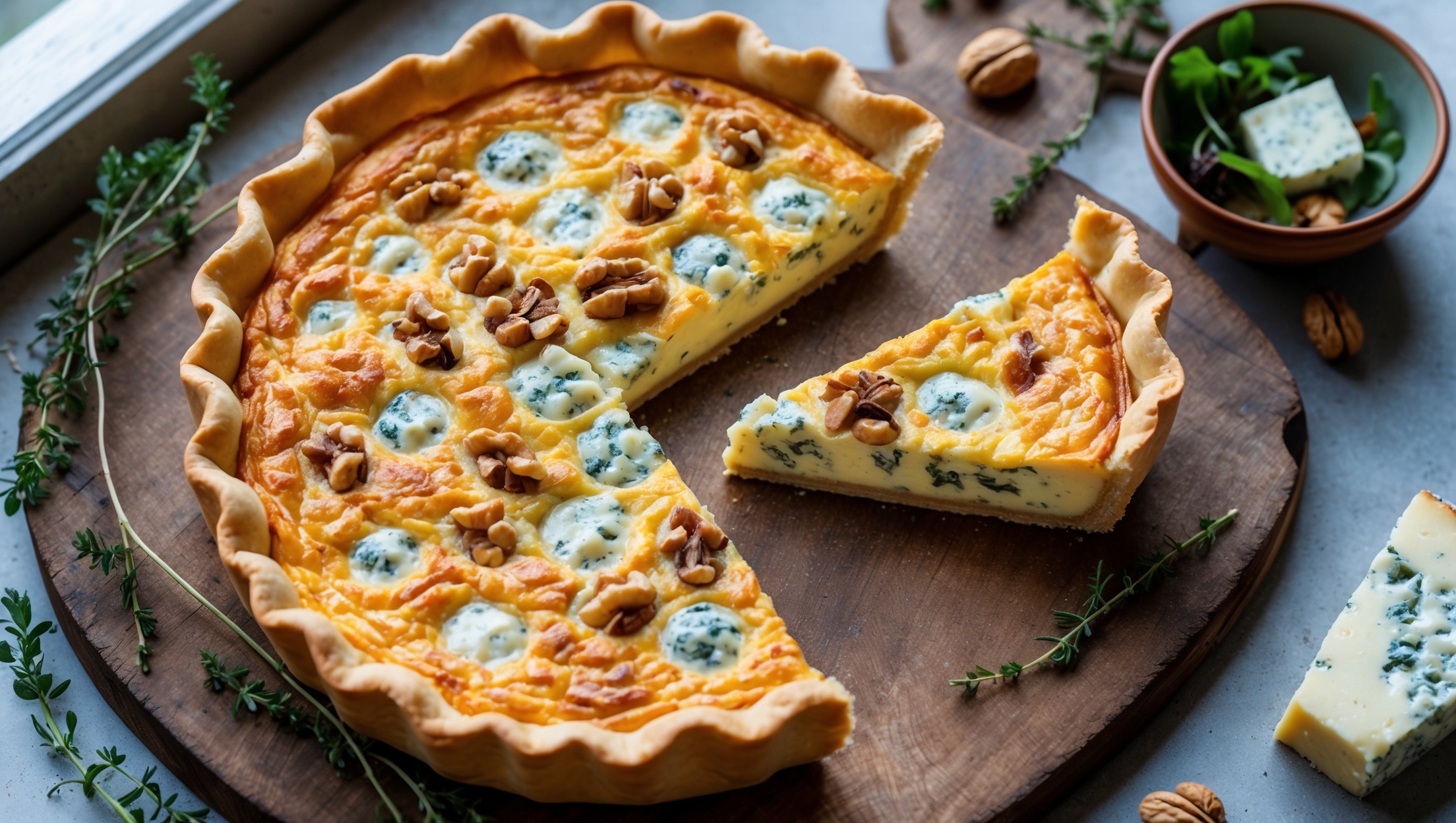 An overhead shot of the golden-brown quiche resting on a rustic wooden board, with a sizeable slice being lifted to reveal the custard's silky texture dotted with pockets of melted blue cheese and toasted walnut pieces. The flaky shortcrust edge forms a perfectly crimped border, catching soft natural light from a nearby window that highlights the quiche's varied textures. Scattered around the board are fresh thyme sprigs, a few whole walnuts, and a small wedge of blue cheese, while a delicate side salad with vinaigrette glistens in a small ceramic bowl nearby, suggesting a complete meal.