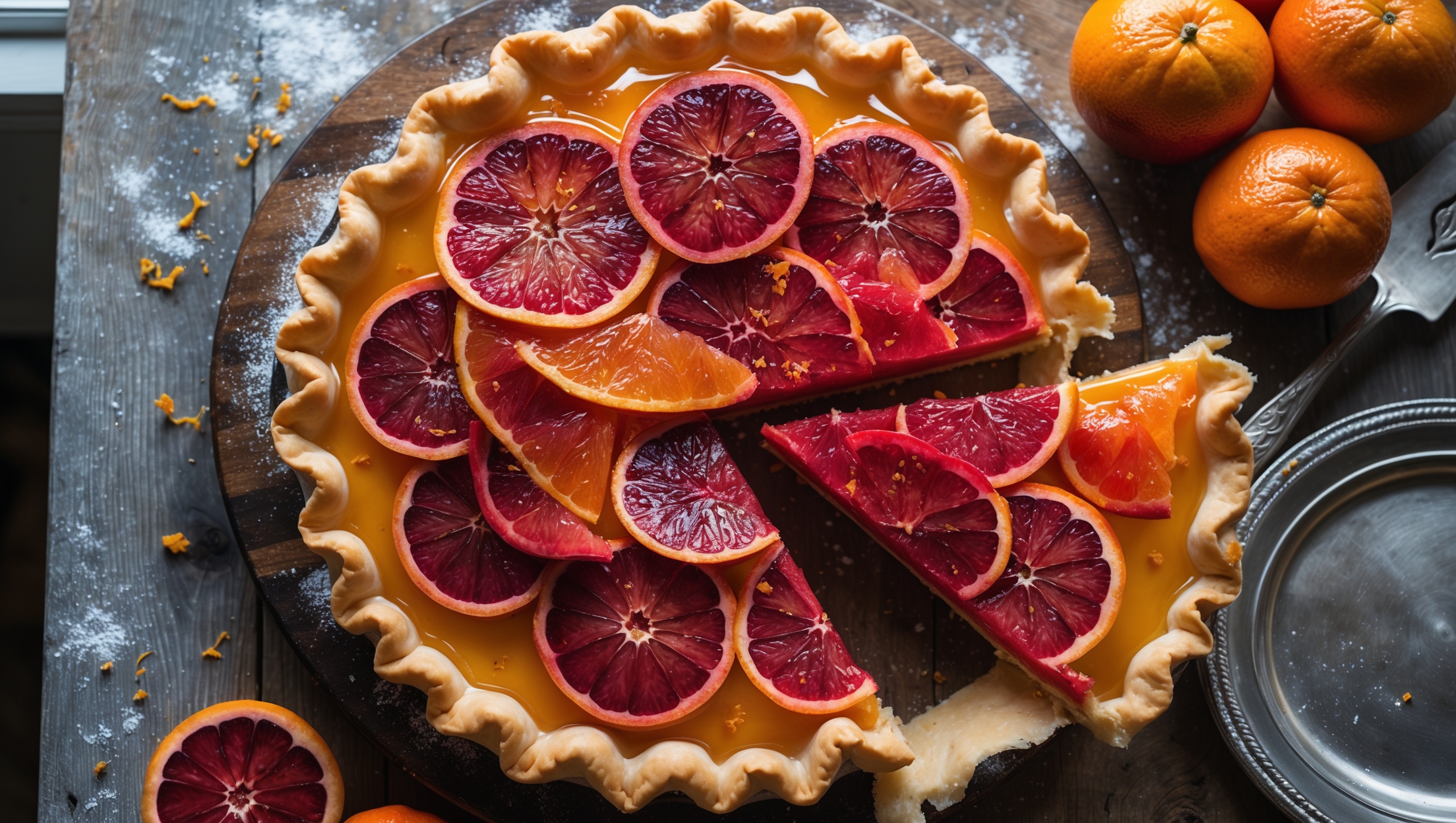An overhead shot of a perfectly golden Blood Orange Pie, its surface adorned with translucent ruby-red blood orange slices arranged in a striking circular pattern. The flaky crust edge reveals delicate layers catching soft window light that illuminates the vibrant crimson filling. A cross-section slice being lifted shows the beautiful contrast between the caramelized citrus filling and buttery pastry base. Scattered blood orange zest and a light dusting of powdered sugar add texture, while the pie sits on a weathered wooden board surrounded by fresh blood oranges with their characteristic mottled rinds. A vintage silver server rests nearby, ready to serve this seasonal masterpiece.