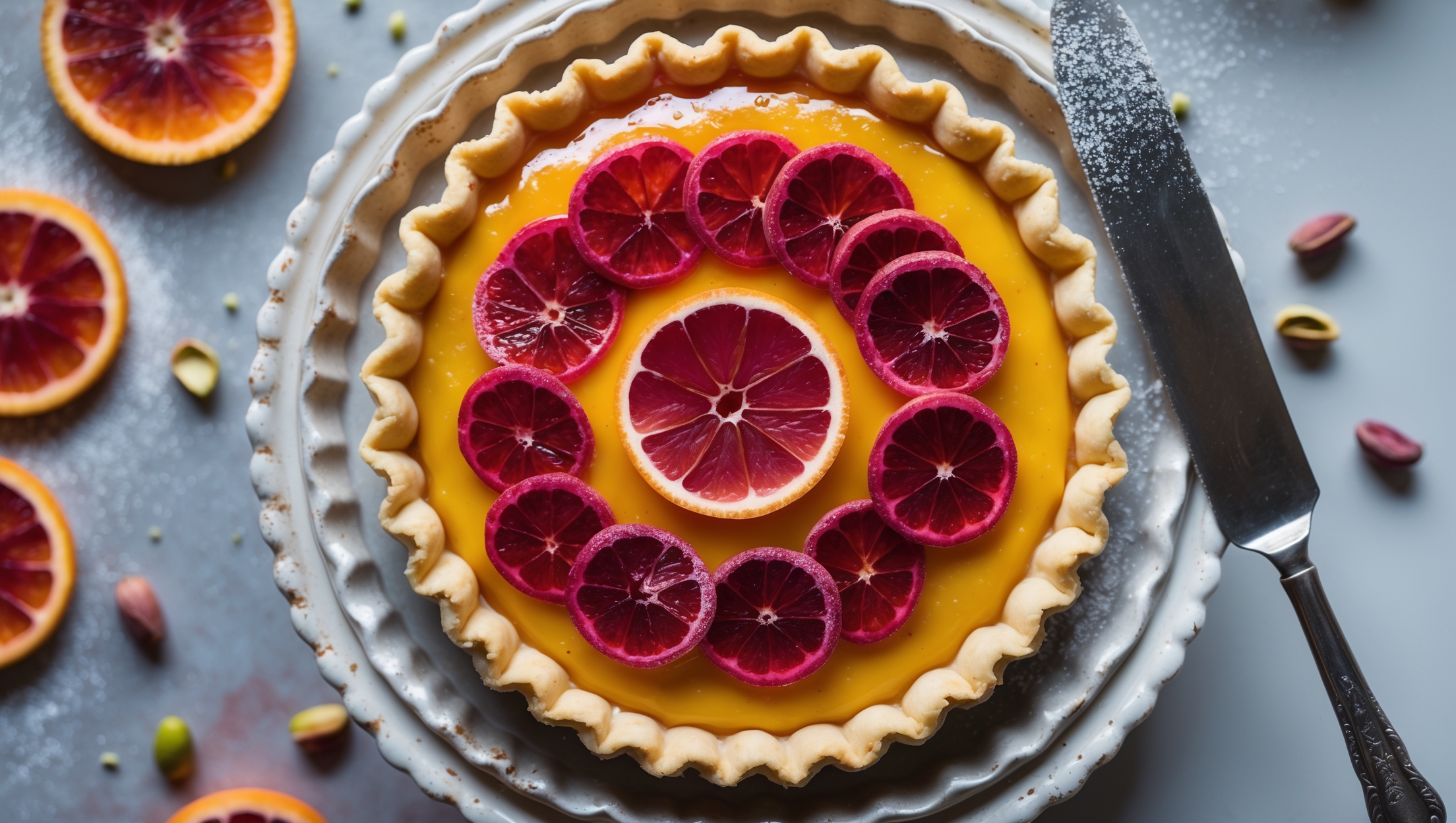 An overhead shot of a perfectly crimped tart with a glossy blood orange curd filling that showcases its distinctive ruby-red hue against the golden crust. Soft, diffused natural light highlights the glistening, jewel-like surface adorned with thin, translucent blood orange slices arranged in a spiral pattern. Close-up details reveal the delicate shortcrust pastry edge and the silky, smooth texture of the filling. The tart rests on a weathered white ceramic cake stand surrounded by fresh blood orange segments, scattered pistachios, and a light dusting of powdered sugar, with a vintage silver serving knife positioned alongside.