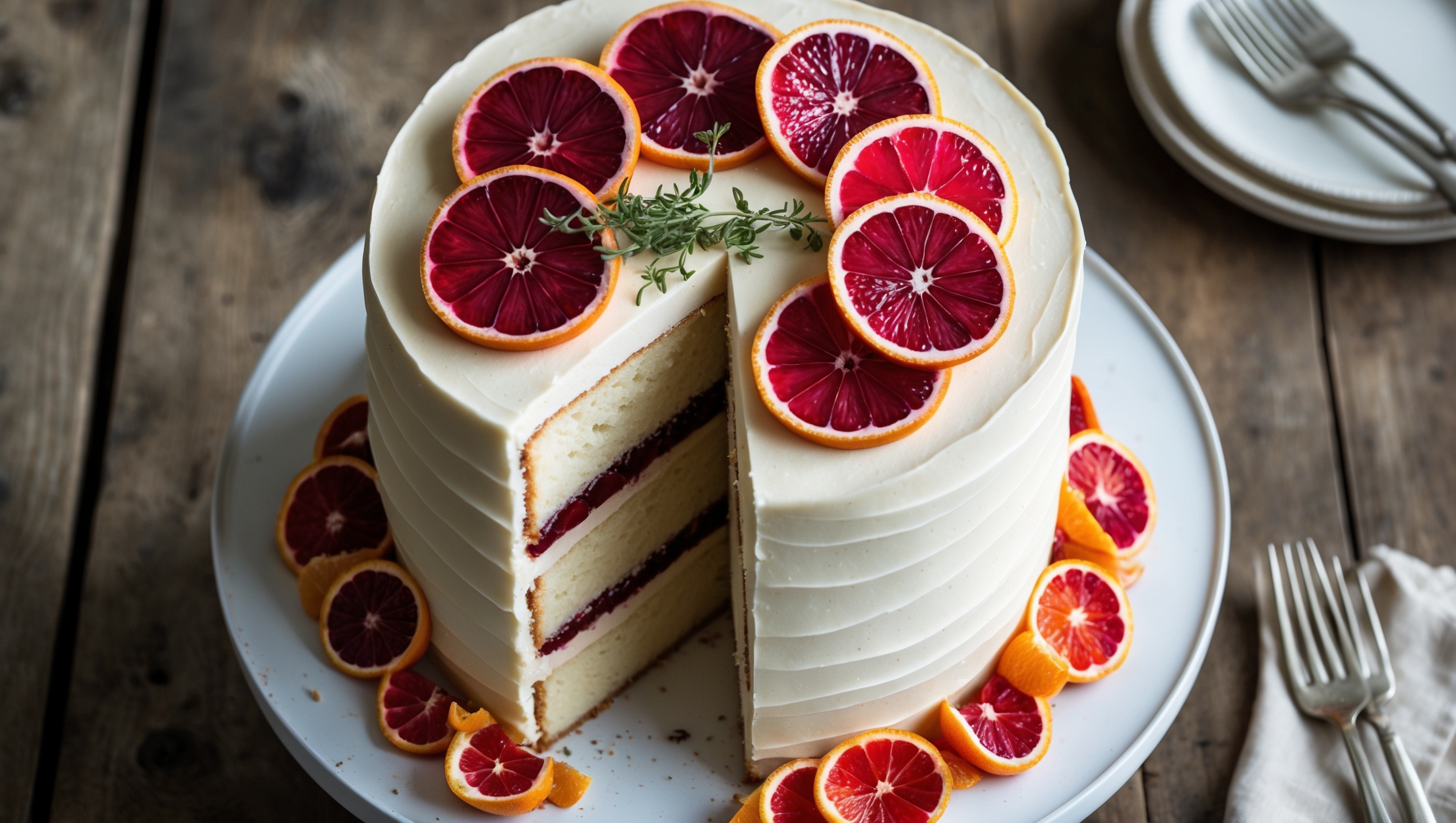 An overhead shot captures this elegant three-layer cake on a white ceramic cake stand, showcasing the pale pink cream cheese frosting applied in smooth, modern swirls. A cross-section view reveals the delicate vanilla-scented sponge layers separated by glistening ruby-red blood orange curd that contrasts beautifully against the cake's light crumb. Atop the cake, thinly sliced blood orange rounds create a striking garnish, their deep crimson flesh and sunset-hued rinds glistening under soft natural light. A sprinkle of fresh thyme leaves adds an unexpected herbaceous accent, while candied blood orange peels arranged around the base provide textural interest. The entire composition sits on a rustic wooden table with vintage silver cake forks and linen napkins, emphasizing the cake's seasonal sophistication.