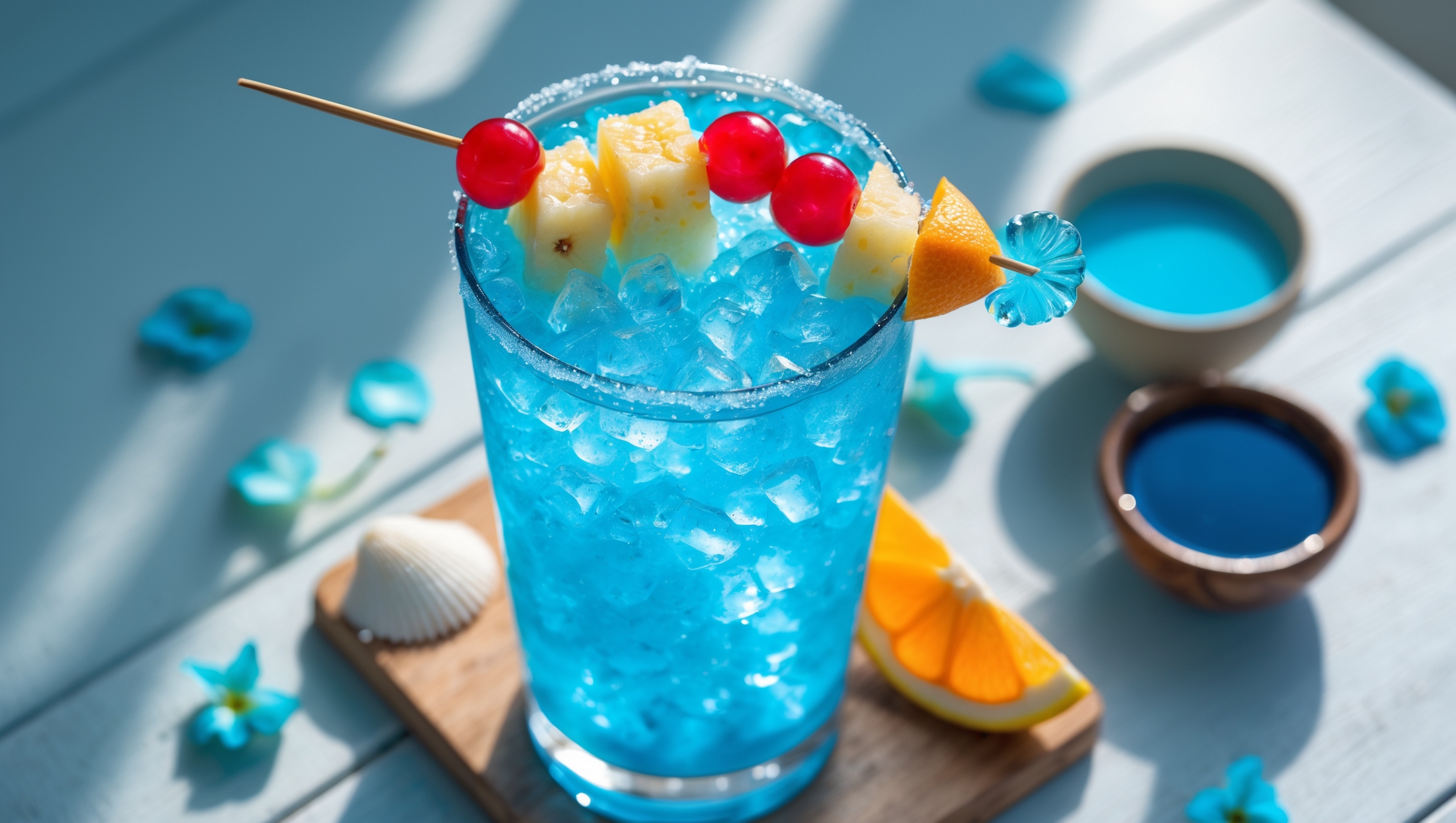 An overhead shot of a stunning azure blue mocktail in a tall hurricane glass, illuminated by bright natural daylight that makes the blue liquid almost glow. Crushed ice fills the glass, with condensation forming on the exterior suggesting perfect chilling. A skewer of fresh pineapple chunks and maraschino cherries rests across the rim, while a slice of orange decorates the edge. The mocktail sits on a light wooden surface with scattered tropical elements – a few blue flower petals, a seashell, and a small bowl of blue curaçao syrup nearby – creating a beachy vacation atmosphere that perfectly complements this Blue Lagoon's tropical essence.