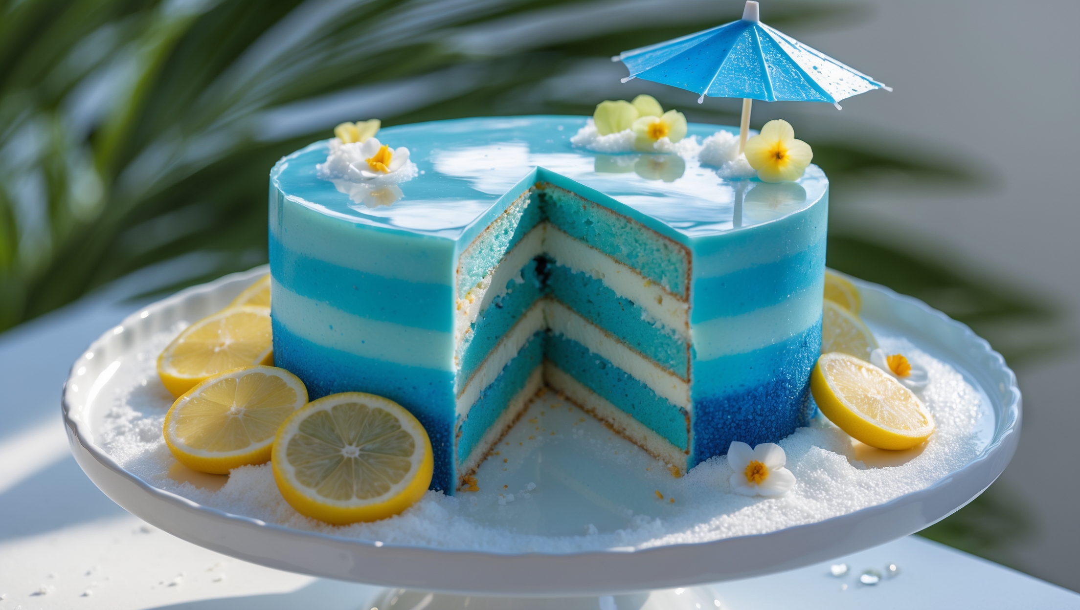 An overhead shot of a striking blue layered cake on a white ceramic cake stand, with the cross-section revealing delicate blue ombré layers transitioning from deep azure to pale sky blue. Soft natural light streams in, highlighting the glossy mirror glaze topping that mimics the surface of water. A garnish of candied lemon slices, edible flowers, and a light dusting of coconut "sand" decorates the base. A cocktail umbrella and clear sugar bubbles create the illusion of a beachside drink, while droplets of condensation on the plate enhance the fresh, cool appearance. The tropical setting is completed with palm fronds slightly blurred in the background, emphasizing the vacation-inspired dessert.