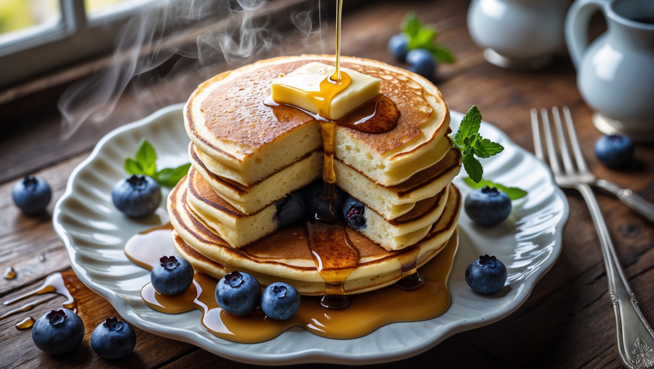 An overhead shot of a stack of three golden-brown pancakes on a white ceramic plate, with a dramatic cross-section revealing the luscious cheesecake filling studded with juicy blueberries. The pancakes are drizzled with maple syrup that cascades down the sides, creating glossy pools on the plate. A pat of butter melts on top, while fresh blueberries and mint leaves are scattered around for garnish. The scene is captured in soft morning light streaming through a window, highlighting the steam rising from the warm pancakes and creating a cozy breakfast atmosphere on a rustic wooden table with vintage silverware and a small pitcher of additional syrup nearby.