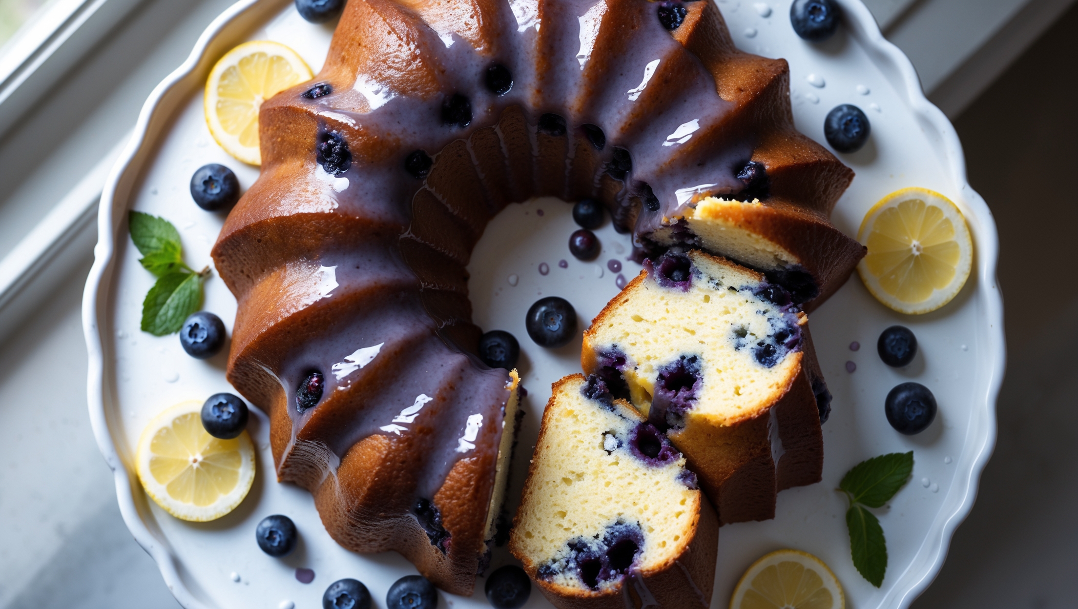 An overhead shot of a beautifully formed blueberry bundt cake on a white ceramic cake stand, its golden-brown exterior showcasing deep ridges from the bundt pan. Soft natural light streams in from a window, highlighting the glossy lemon glaze cascading down the sides with small pools forming on the plate below. A cross-section slice reveals a moist, tender crumb studded with plump blueberries that have retained their shape during baking. Fresh blueberries and lemon slices are artfully scattered around the base of the stand, while sprigs of fresh mint add a pop of vibrant green against the cake's golden exterior and purple-blue berries.