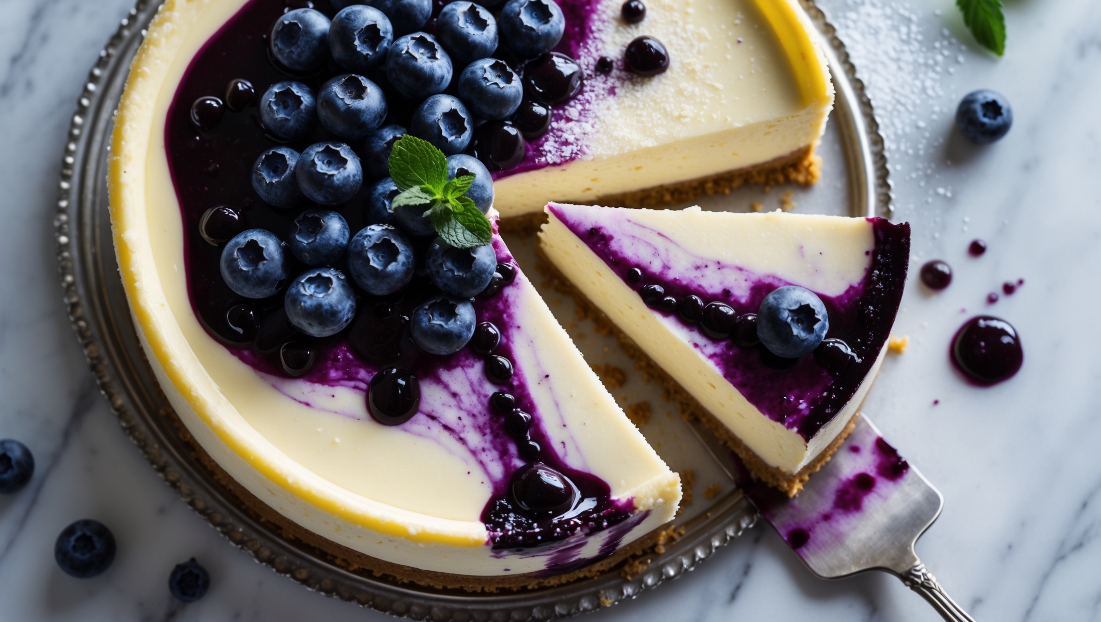 An overhead shot of a perfectly set blueberry cheesecake with a golden graham cracker crust visible at the base. The smooth, ivory-colored filling is marbled with swirls of deep purple blueberry compote, while additional fresh blueberries cascade from the center creating a beautiful ombré effect. Captured in soft natural light on a white marble surface, the cheesecake sits on a vintage silver cake stand with a single slice being pulled away, revealing the luscious, dense texture within. Scattered fresh blueberries, a sprig of mint, and a light dusting of powdered sugar complement the scene, while droplets of blueberry sauce create artistic drips down the sides of the pristine dessert.