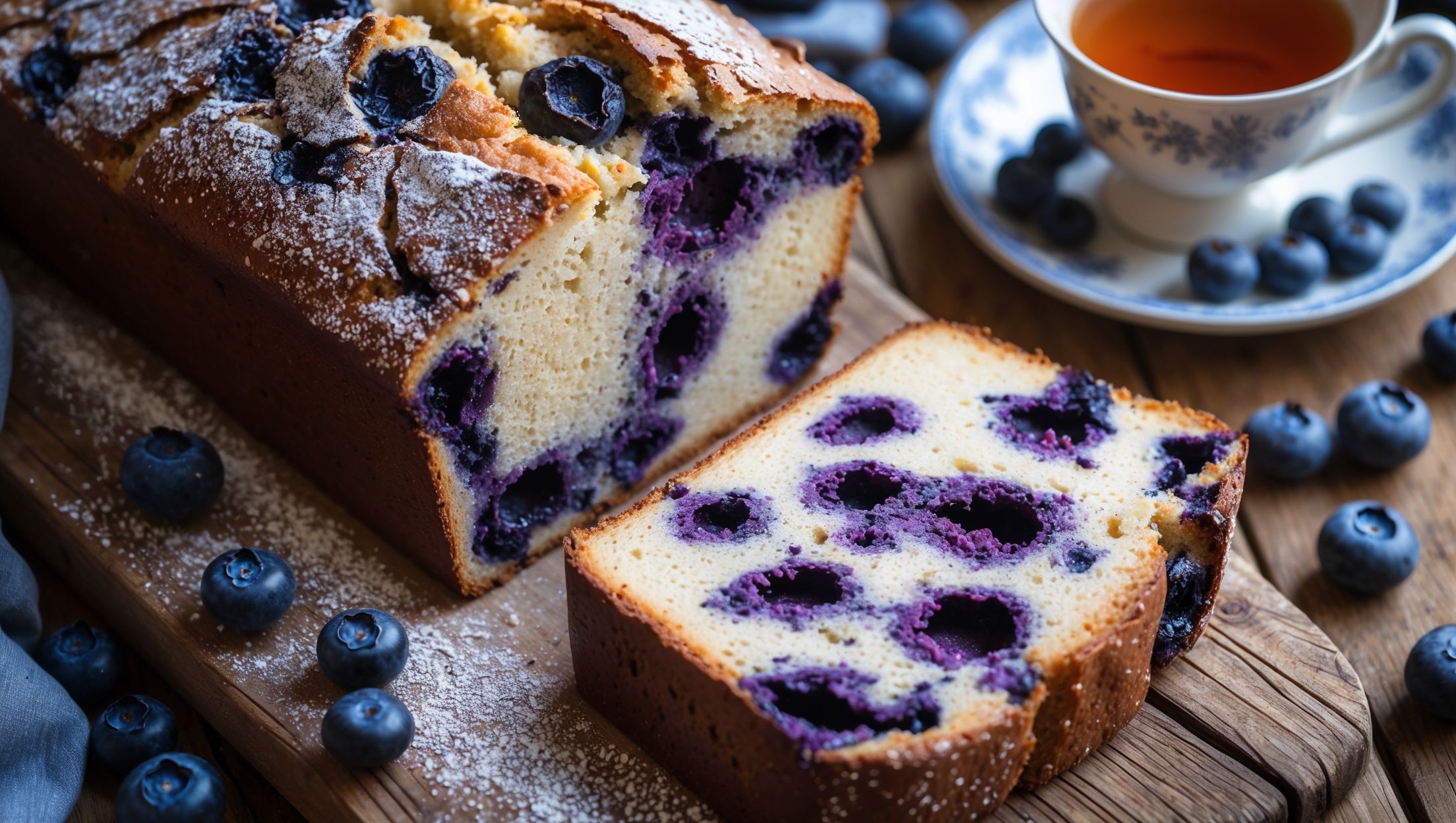An overhead shot of a freshly sliced blueberry bread loaf on a rustic wooden board, with one thick slice pulled slightly away revealing its moist, tender crumb studded with plump blueberries that have created beautiful purple-blue pockets throughout. The golden-brown top crust has slight cracks where blueberries peek through, dusted with a light sprinkle of powdered sugar. In soft natural light streaming from a nearby window, the scene includes scattered fresh blueberries and a vintage ceramic plate with a slice ready to be enjoyed alongside a steaming cup of tea in a white porcelain mug. The contrast between the bread's golden exterior and vibrant purple-blue berry bursts creates an irresistible visual appeal.