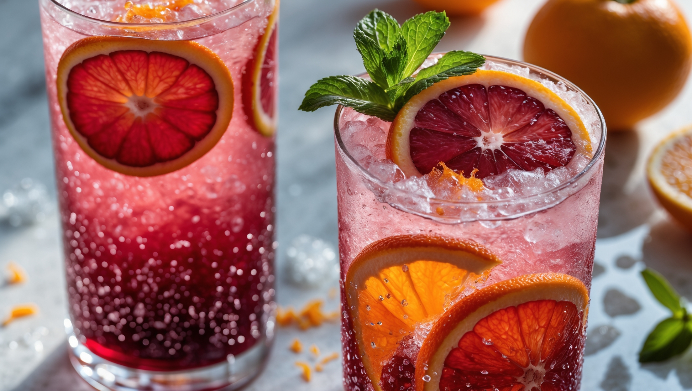 A close-up shot of a tall collins glass capturing the mesmerizing deep ruby-red gradient of the Blood Orange Crush Mocktail in bright natural daylight. Crushed ice creates a frosty effect against the glass while slices of blood orange and regular orange cascade down the inside, creating beautiful color contrast. The top features a crown of fresh mint and a light dusting of finely grated orange zest. Tiny bubbles cling to the sides of the glass, showcasing the drink's effervescence. Background elements include scattered citrus fruits and a marble surface that complements the mocktail's sophisticated jewel tones.