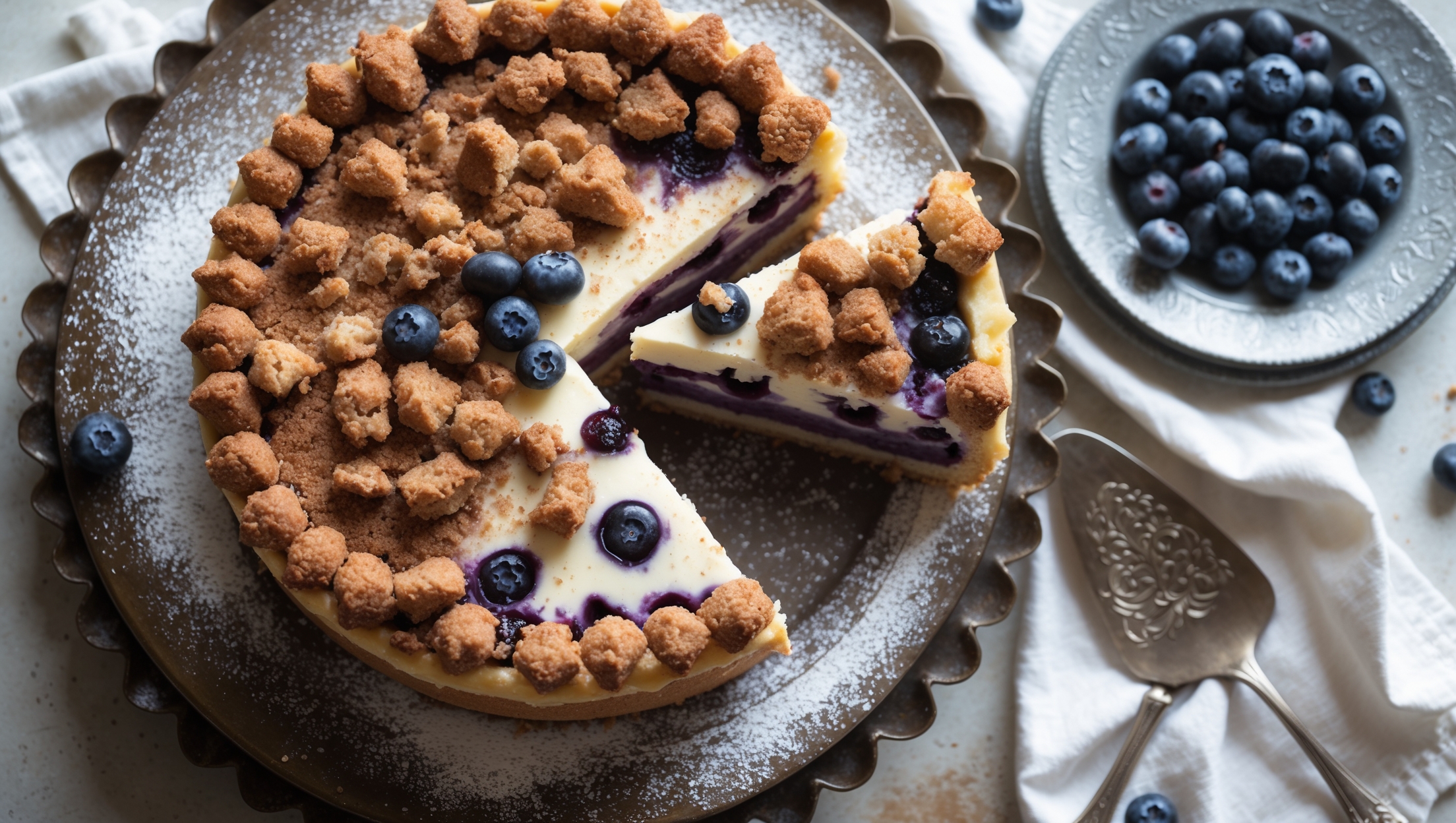 An overhead shot captures this rustic dessert served on a weathered wooden cake stand, where a perfect slice has been removed to reveal its distinct layers - buttery golden crust, blueberry-dotted cake layer, and creamy vanilla custard topped with brown sugar crumble. Soft natural light highlights the juicy blueberries that burst during baking, staining the cake with purple-blue swirls. The surface showcases a textural contrast between the craggy cinnamon-scented crumble and smooth cream layer. Scattered fresh blueberries and a light dusting of powdered sugar frame the pie, while a vintage silver server rests nearby against a backdrop of white linen.