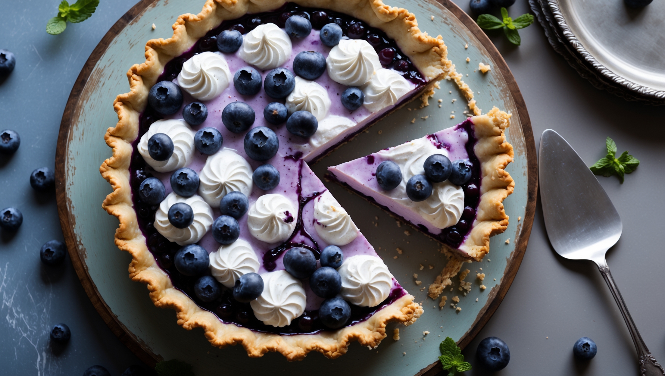 An overhead shot of a Blueberry Cream Pie with one slice removed, revealing distinct creamy and fruit layers against the golden-brown crust. Soft natural light streams across the surface, highlighting the vibrant purple-blue filling studded with whole berries that release their juices in tiny rivulets. The cream layer appears cloud-like and velvety, with tiny flecks of vanilla bean visible. The pie sits on a weathered wooden cake stand, with fresh blueberries and sprigs of mint scattered artfully around. A vintage silver server rests beside the pie, carrying a perfect slice that showcases the pristine layers and crumbly crust edge.