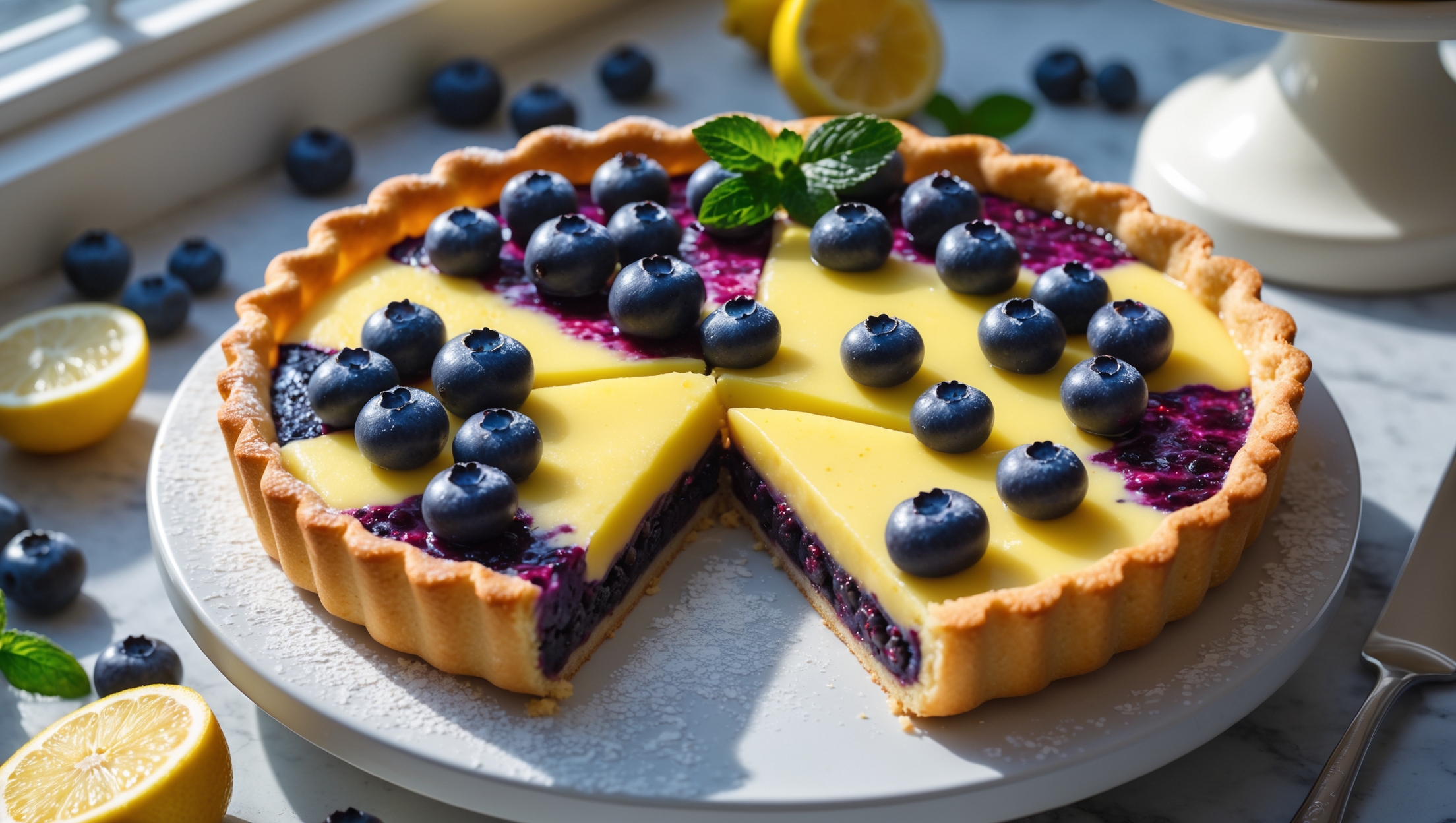 An overhead shot of a perfectly baked Blueberry Lemon Custard Tart captures its golden shortcrust edges against the pale yellow custard dotted with bursts of deep purple blueberries. A cross-section reveals the distinct layers—crisp pastry base, smooth lemon custard, and juicy blueberry topping. Bathed in soft natural light streaming through a nearby window, the tart sits on a white ceramic cake stand with scattered fresh blueberries and lemon slices artfully arranged around it. A light dusting of powdered sugar catches the light, while a sprig of fresh mint adds a pop of vibrant green against the yellow and purple palette. A silver cake server rests beside the tart, revealing the clean slice with perfectly set custard that holds its shape.