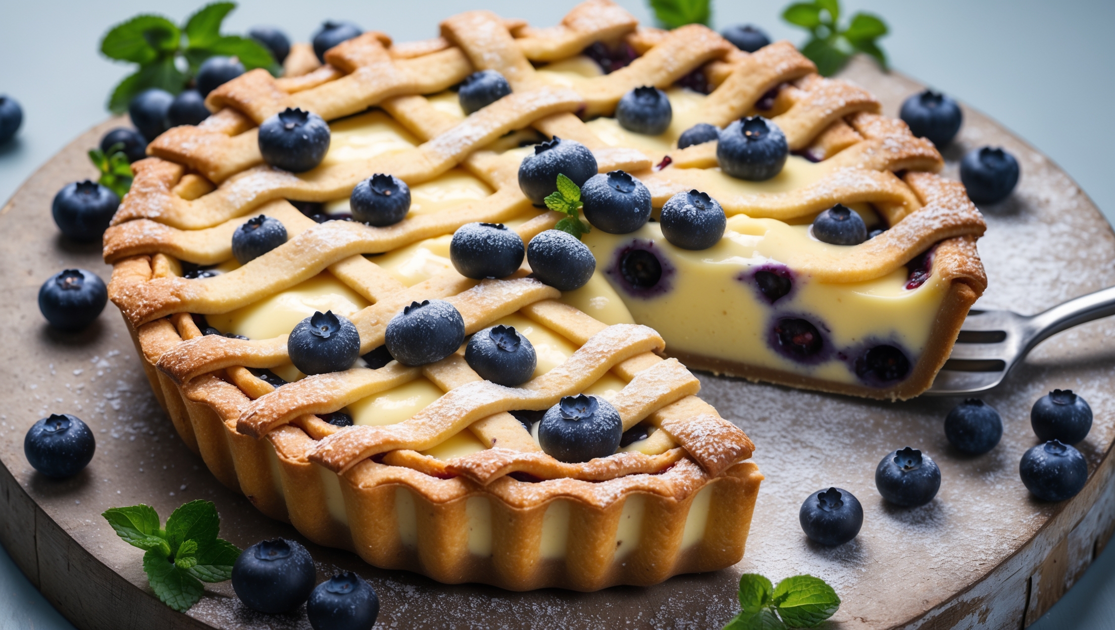 An overhead shot of a perfectly golden-brown Blueberry Custard Pie with a lattice top revealing glimpses of the creamy custard speckled with plump blueberries beneath. Captured in soft natural light, the pie sits on a weathered wooden board with a slice being lifted to show the luscious custard texture that holds its shape while remaining delicately creamy. Fresh blueberries and sprigs of mint are scattered around the base, while a light dusting of powdered sugar catches the light on the lattice surface. The deep purple-blue of the berries creates a striking contrast against the pale yellow custard, with tiny vanilla bean specks visible in the silky filling.