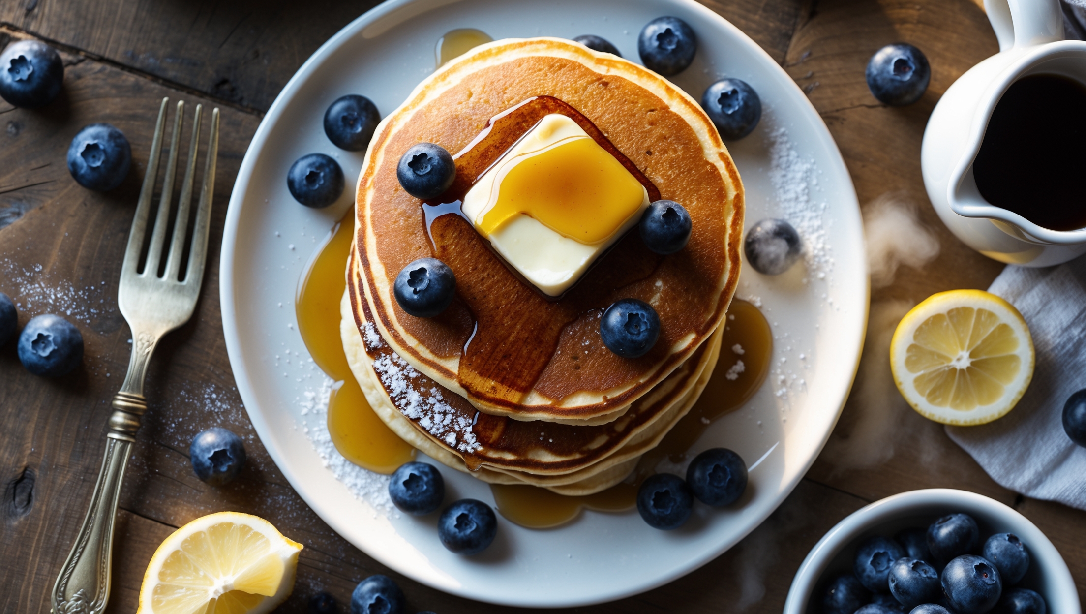 An overhead shot of a pristine white plate holding a stack of three golden-brown pancakes with visible blueberries peeking through the batter. A pat of melting butter crowns the stack, with maple syrup cascading down the sides. Scattered fresh blueberries and lemon wedges surround the plate, while a fine dusting of powdered sugar highlights the pancakes' texture. Natural morning light streams across the scene, illuminating the steam rising from the fresh-off-the-griddle pancakes. A vintage fork rests alongside on a rustic wooden table, with a small bowl of extra berries and a small pitcher of syrup positioned artfully in the frame.