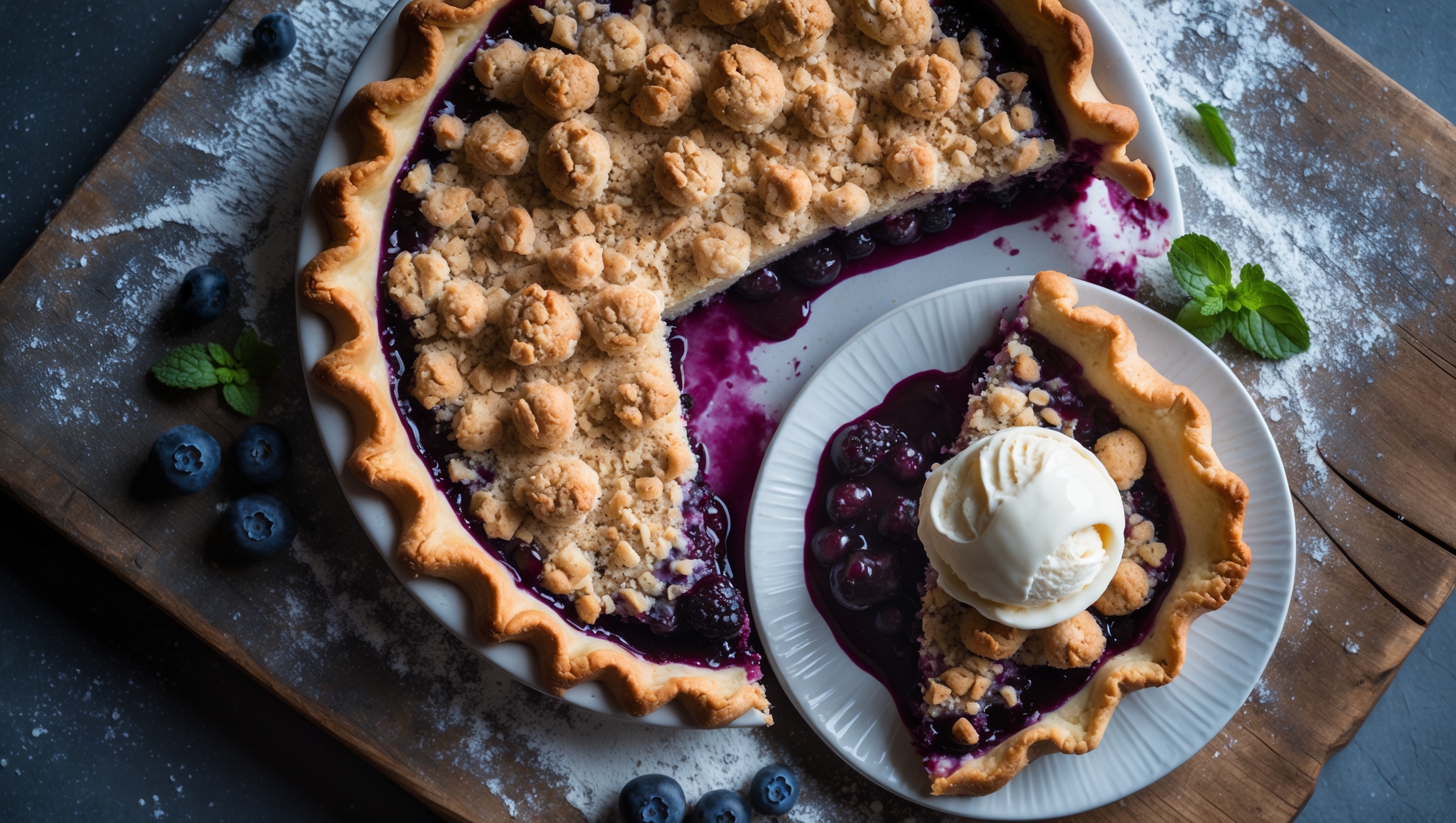 An overhead shot of a rustic Blueberry Crumble Pie with golden-brown crumble topping revealing pockets of deep purple blueberry filling bubbling at the edges. The pie sits on a weathered wooden board dusted with flour, with soft natural light highlighting the textural contrast between the crumbly topping and the glossy berry filling. A slice has been removed, showing the perfect cross-section of flaky crust and jammy blueberry interior that holds its shape without being runny. Fresh blueberries and a sprig of mint are scattered nearby, while a scoop of melting vanilla ice cream slowly pools beside the plated slice, catching the warm afternoon light.