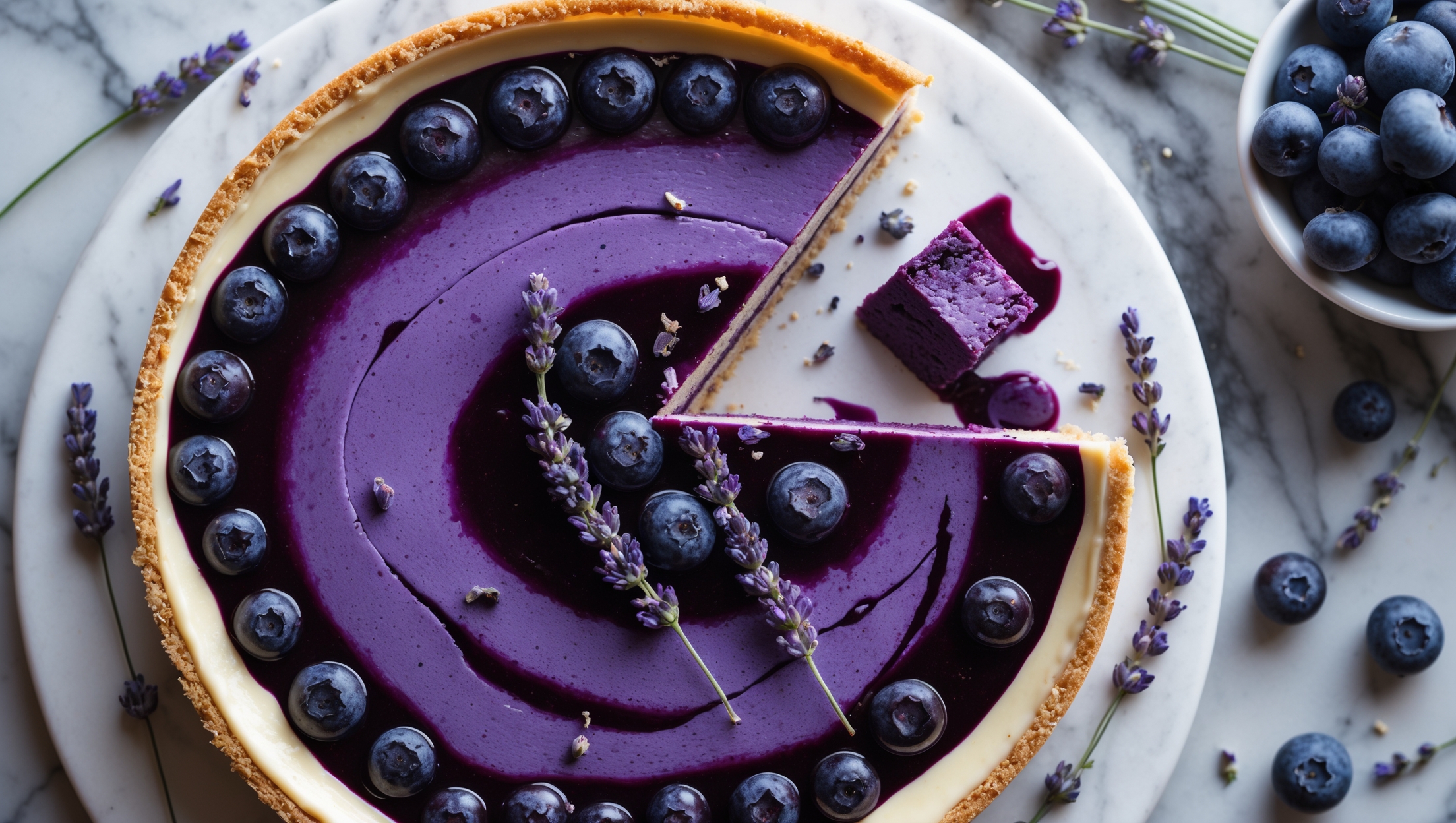 An overhead shot of a perfectly set Blueberry Lavender Cheesecake on a white ceramic cake stand, capturing the contrast between the ivory-colored filling and the deep purple-blue swirls of blueberry compote. Soft natural light highlights the glossy surface of the compote and the delicate sprinkle of dried lavender buds decorating the edge. A cross-section reveals the buttery graham cracker crust, creamy lavender-infused filling, and the thin layer of blueberry compote that cascades slightly down the sides. In the background, fresh blueberries and sprigs of lavender are artfully scattered on a marble surface, complementing the rustic elegance of this sophisticated dessert.