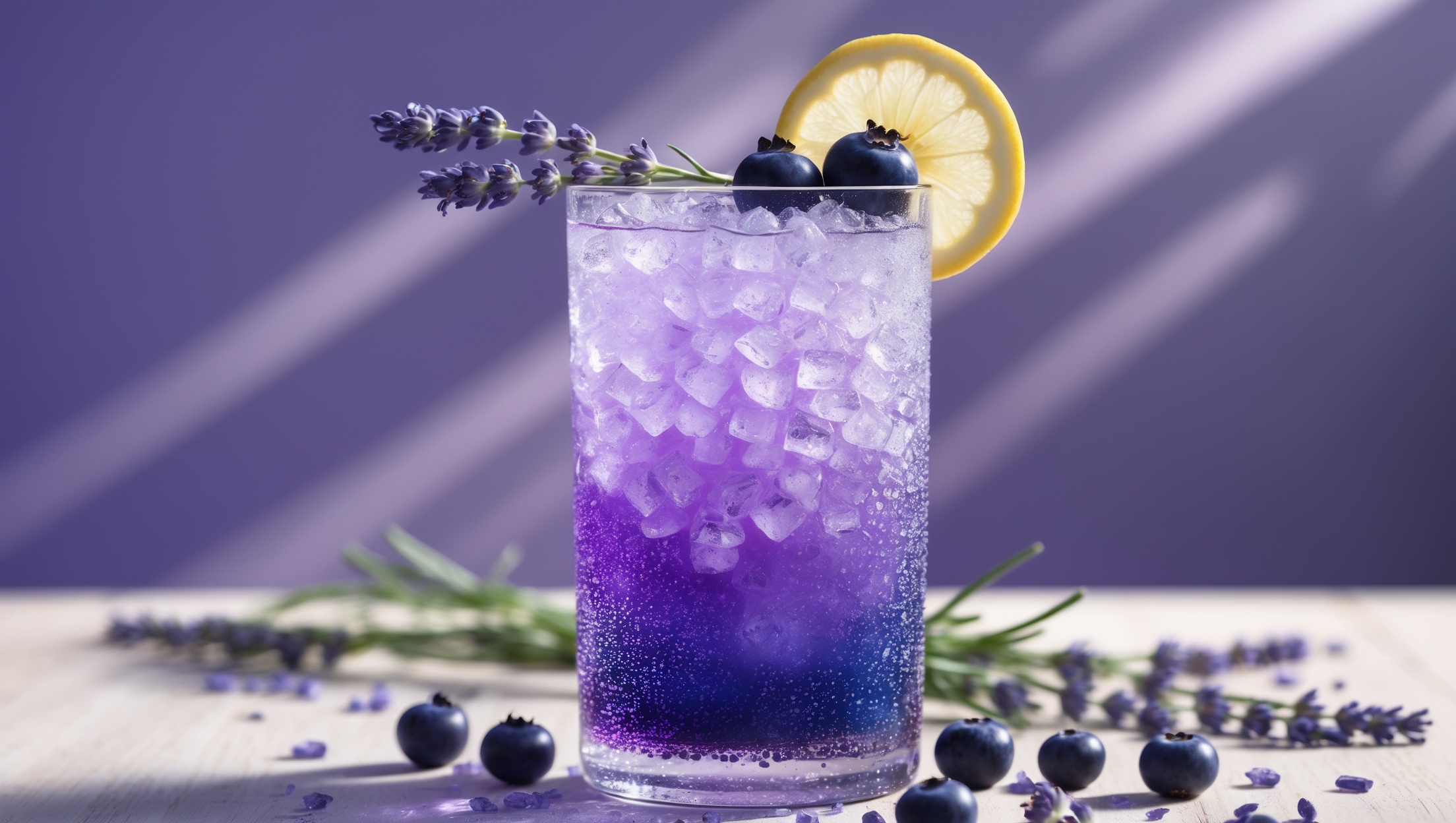 A tall highball glass filled with a gradient purple drink, transitioning from deep blueberry at the bottom to lighter lavender hues at the top. Crushed ice catches natural daylight, creating diamond-like sparkles throughout. A fresh lavender sprig and three plump blueberries perch on a thin lemon wheel garnish. Condensation beads on the outside of the textured glass, suggesting refreshing coolness. The drink sits on a light wooden table with scattered fresh blueberries and lavender sprigs artfully arranged nearby, emphasizing the fresh ingredients that create this vibrant, aromatic cooler.