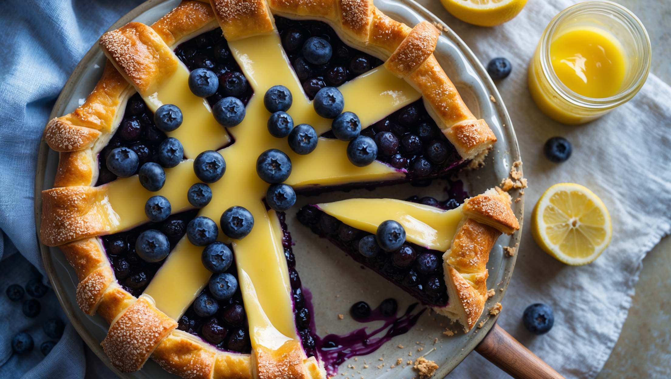 An overhead shot of a golden-crusted blueberry lemon curd pie with a decorative lattice top, showcasing vibrant purple-blue blueberry filling peeking through the gaps. Soft natural light streams across the scene, highlighting the glistening sugar-dusted pastry and the striking contrast between the deep indigo berries and sunny yellow curd beneath. A slice has been removed, revealing the perfect layers of the flaky pastry, velvety lemon curd, and juicy blueberry compote. The pie rests on a vintage ceramic cake stand against a rustic linen backdrop, with scattered fresh blueberries and lemon slices artfully arranged alongside a small jar of extra lemon curd.