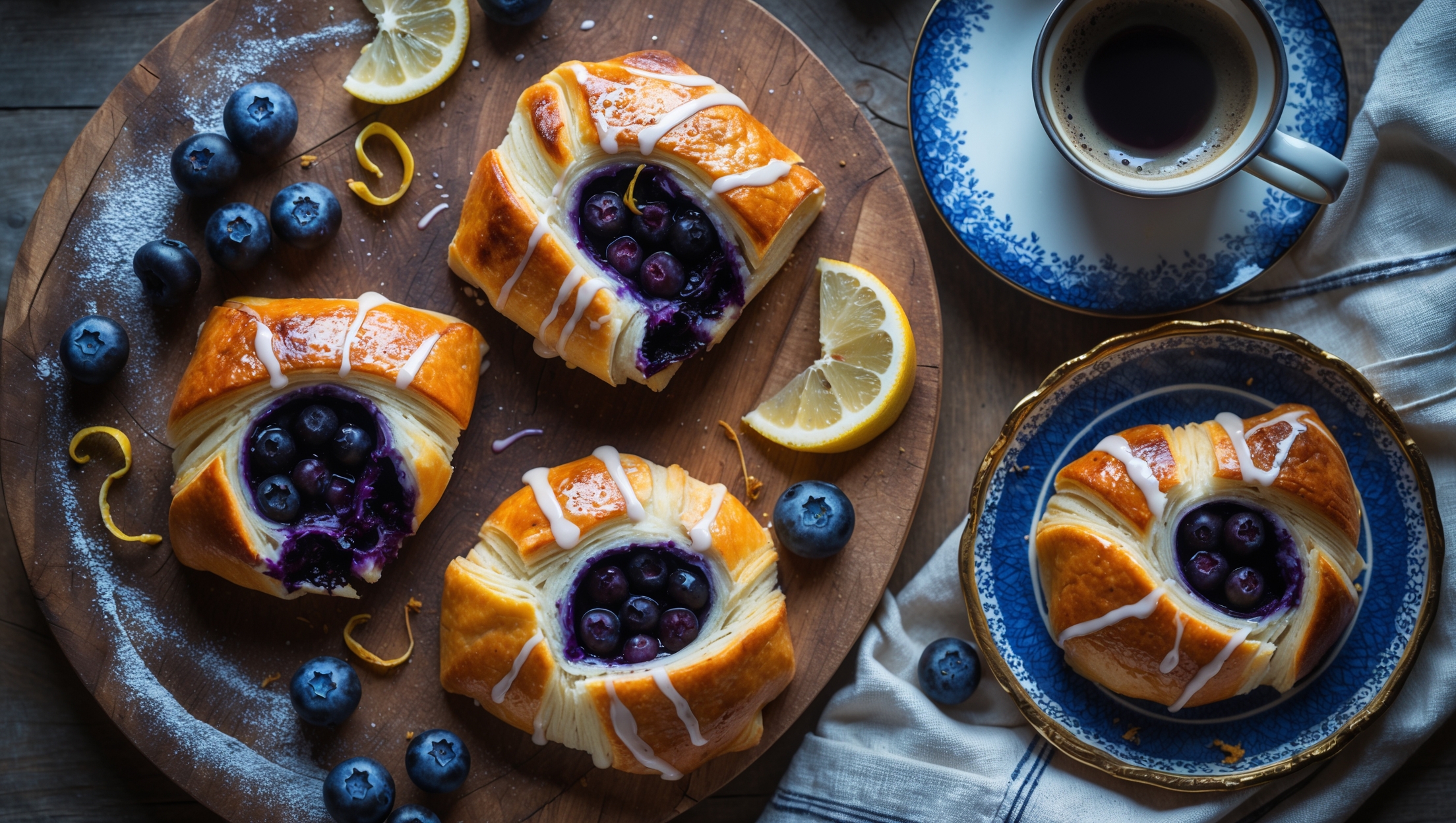 An overhead shot captures a rustic wooden board displaying four perfectly baked blueberry Danish pastries, their golden laminated dough glistening under soft morning light. A cross-section reveals layers of buttery, flaky pastry enveloping a vibrant purple-blue filling where whole blueberries remain intact, releasing their juicy essence. The delicate vanilla glaze creates artistic drizzles across each pastry, with a few fresh blueberries and lemon zest scattered artfully around the composition. A vintage blue-rimmed plate holds one Danish beside a steaming cup of coffee, emphasizing the pastry's perfect breakfast appeal, while a folded linen napkin adds texture and warmth to the scene.