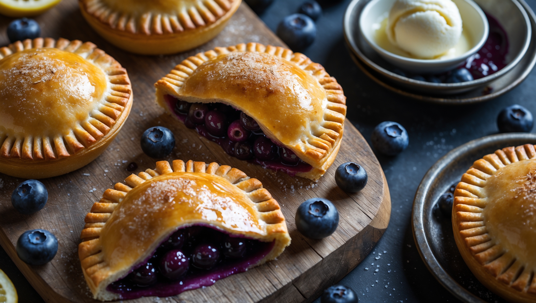 An overhead shot of golden-brown hand pies arranged on a rustic wooden board with visible flaky pastry layers and deep purple blueberry filling oozing from their crimped edges. A cross-section view reveals the perfect balance of buttery crust and jammy blueberry interior. The scene is illuminated by soft natural light highlighting the sugar-sprinkled tops that glisten against the background of scattered fresh blueberries and lemon slices. A vintage enamel plate holds two hand pies with a small bowl of vanilla ice cream slowly melting beside them, capturing the contrast between the warm pastry and cool accompaniment.