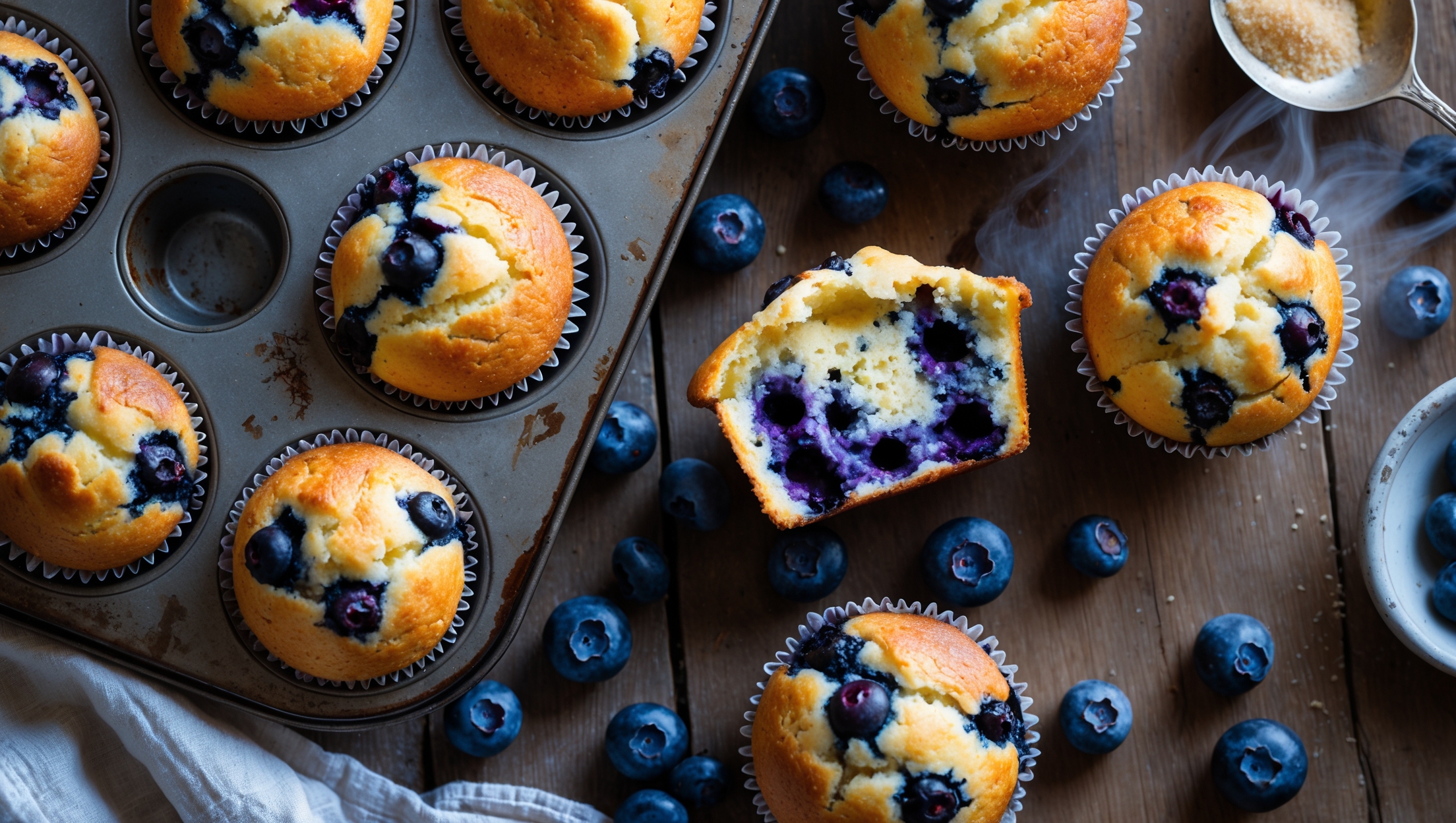 An overhead shot of freshly-baked blueberry muffins in a rustic muffin tin, some removed to showcase their golden, slightly domed tops with visible sugar crystals catching the morning light. A cross-section of one muffin reveals a tender, light crumb studded with plump blueberries that have created purple-blue bursts throughout. Scattered fresh blueberries and a small bowl of turbinado sugar sit alongside on a worn wooden table, with soft natural light streaming in to highlight the steam still rising from the warm muffins. A vintage linen napkin and antique silver spoon complete the homey scene, emphasizing the comforting, fresh-baked appeal.