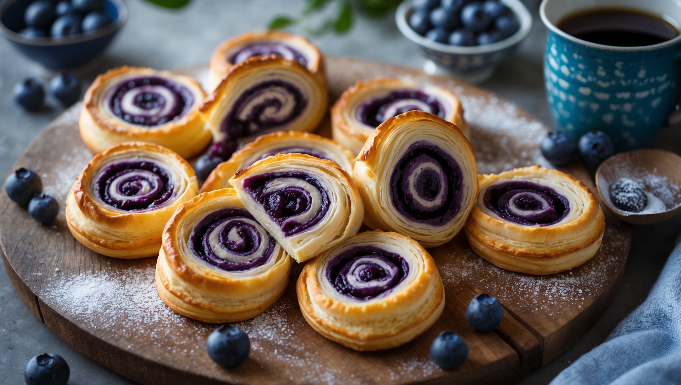An overhead shot of spiral blueberry pinwheels arranged on a rustic wooden serving board, revealing their characteristic purple-blue swirls against golden-brown pastry. A cross-section view shows layers of flaky pastry encasing pockets of jammy blueberries, with a few pastries broken apart to display the delicate inner texture. Soft natural morning light streams across the scene, highlighting the glossy vanilla glaze drizzled in thin ribbons over the warm pastries. In the background, a small bowl of fresh blueberries, a dusting of powdered sugar, and a vintage blue ceramic mug of coffee create a perfect breakfast tableau.