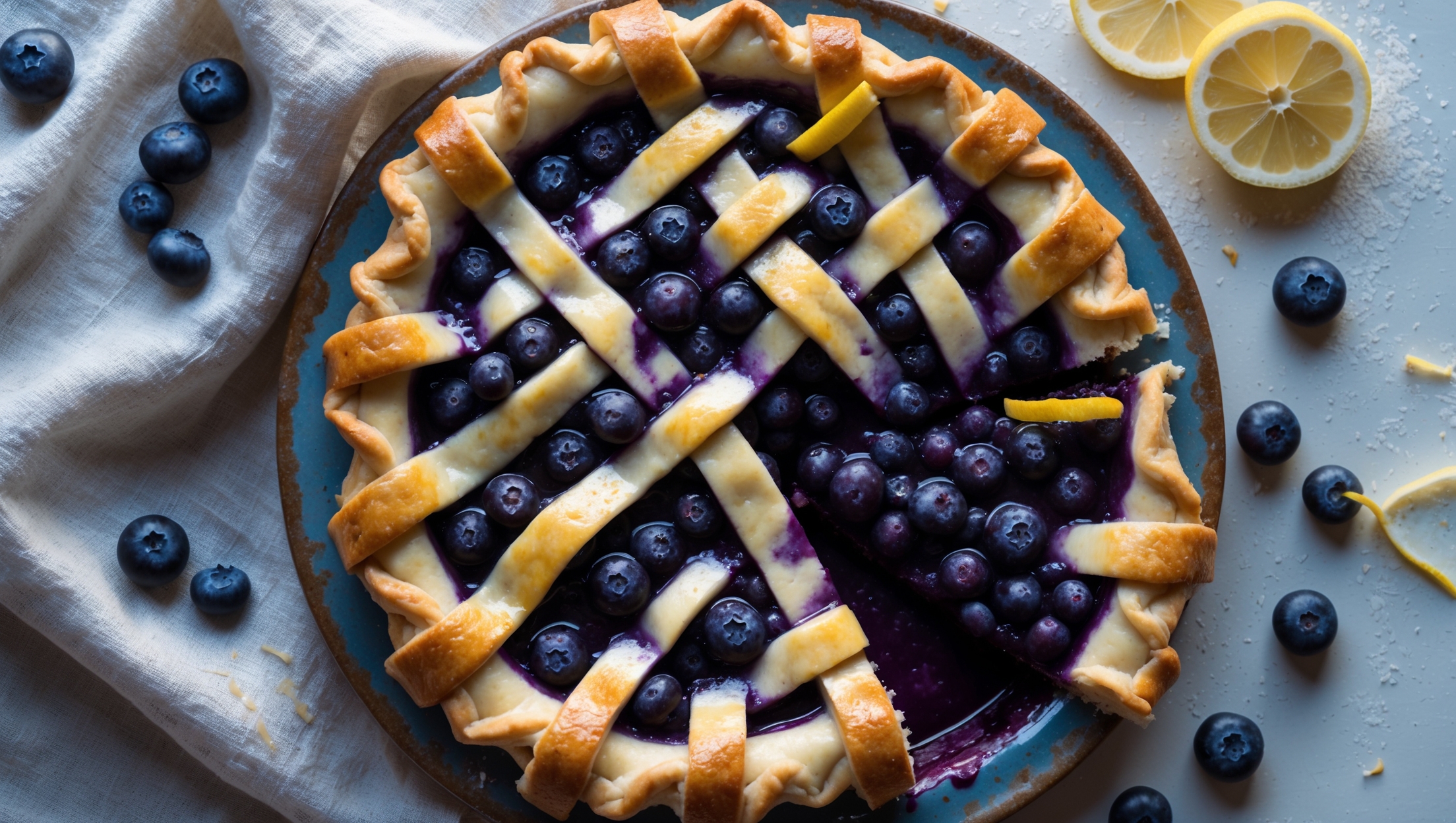 An overhead shot of a golden-brown lattice-topped blueberry lemon pie, with deep purple-blue filling bubbling through the gaps of the perfectly woven pastry. The pie sits on a weathered ceramic plate against a light linen cloth, with scattered fresh blueberries and lemon slices artfully arranged beside it. A dusting of coarse sugar crystals catches the soft natural light streaming through a nearby window, highlighting the flaky layers of the crust. A slice has been removed, revealing the glossy, jewel-toned filling that holds its shape without being runny, while a thin ribbon of lemon zest garnishes the top, providing a pop of yellow against the rich purple filling.