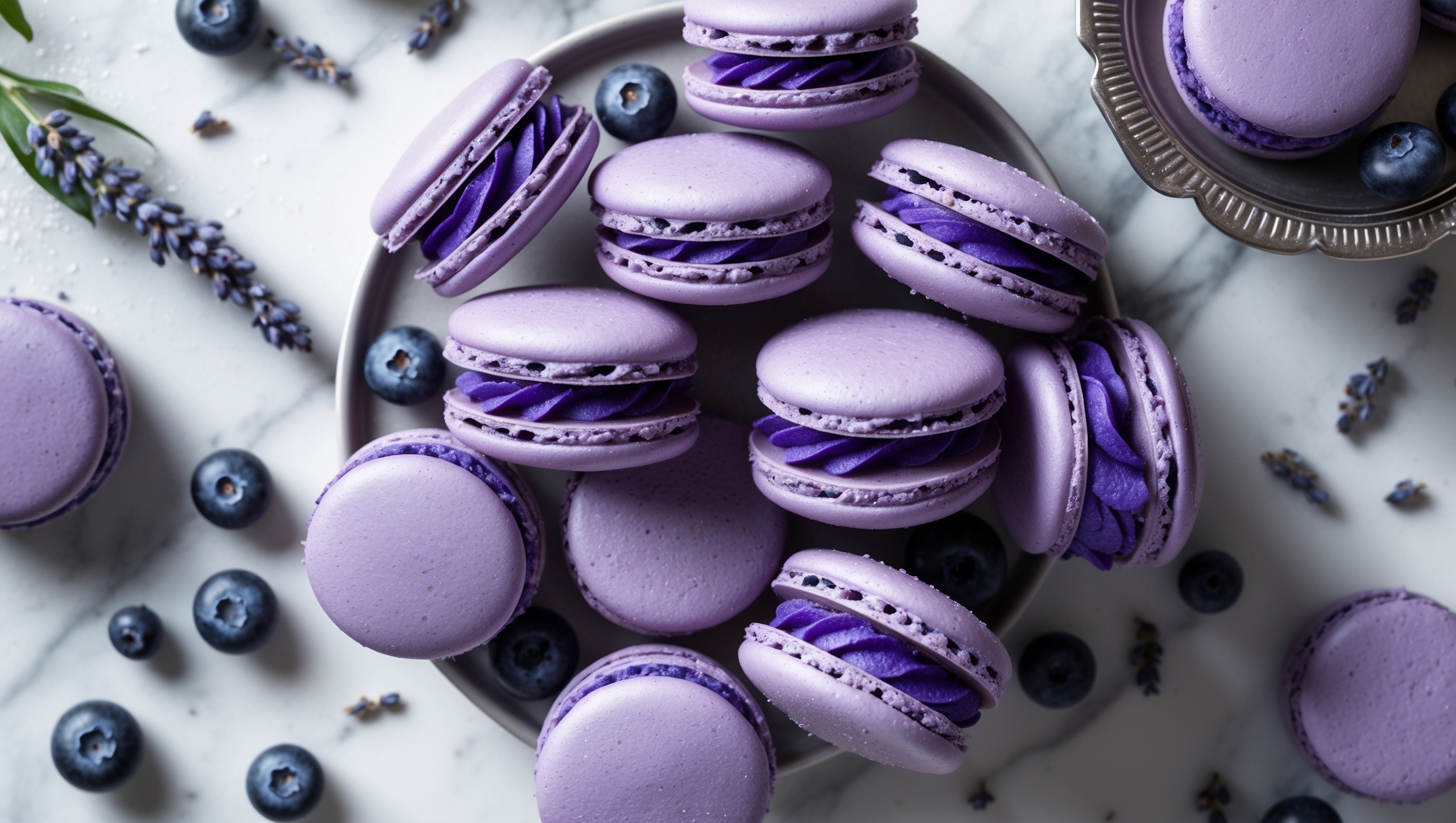 An overhead shot showcases a pyramid of perfectly formed blueberry macarons, their smooth violet-blue shells displaying pristine feet around the circumference. A cross-section view reveals the crisp exterior giving way to a delicately chewy interior surrounding vibrant purple-blue buttercream filling. Soft natural light highlights the macaron's glossy surface while creating subtle shadows that emphasize their texture. The macarons are artfully arranged on a white marble surface with scattered fresh blueberries, a sprig of lavender, and a dusting of powdered sugar. A vintage silver cake stand in the corner elevates several macarons, while an intentionally broken shell reveals the perfect interior texture.