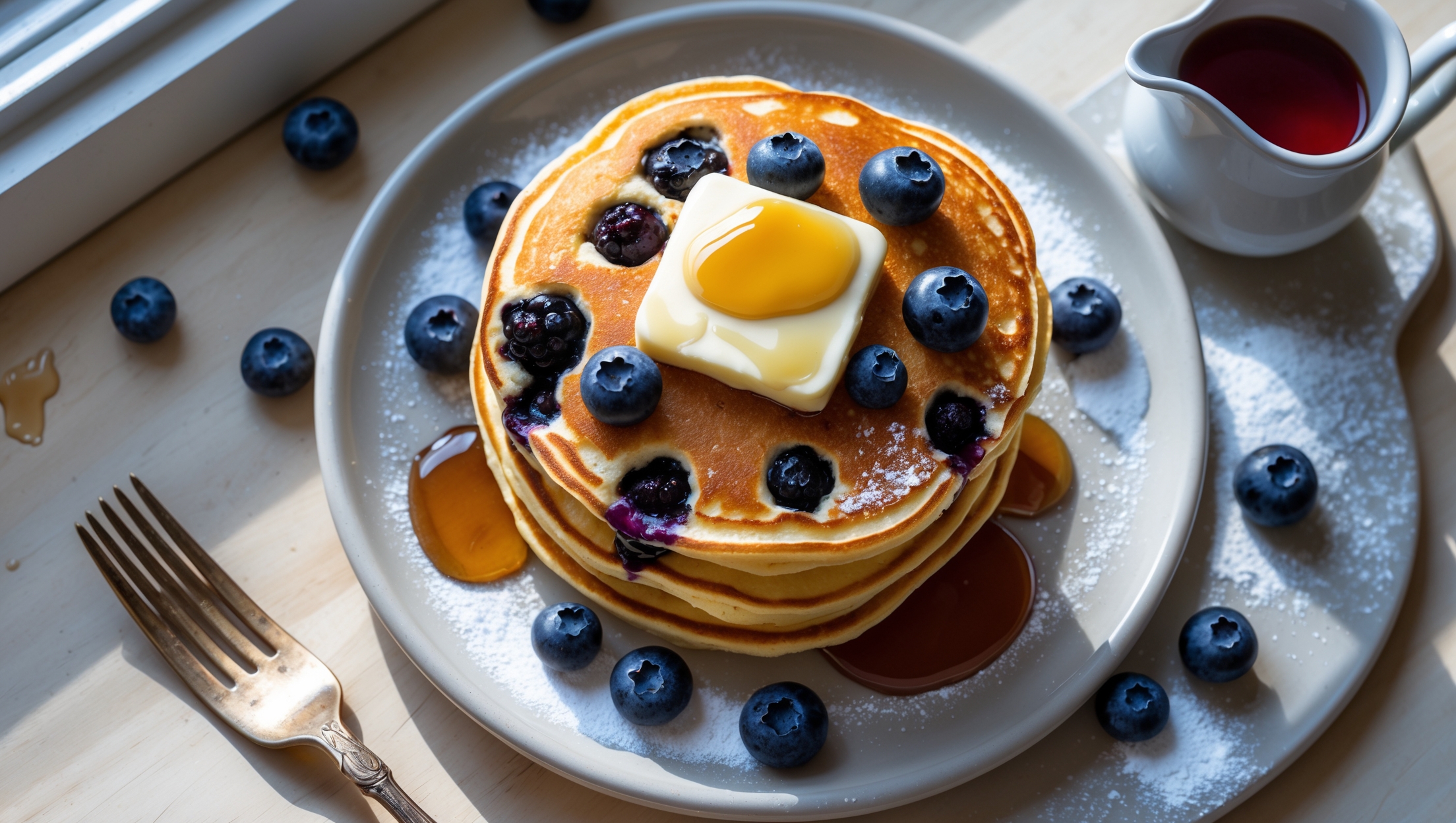 Overhead shot of a stack of three golden-brown blueberry pancakes on a white ceramic plate, with blueberries bursting through the surface creating purple-blue pockets. A pat of melting butter sits atop the stack with pure maple syrup cascading down the sides, pooling slightly on the plate. Scattered fresh blueberries and a light dusting of powdered sugar add visual contrast against the warm pancake tones. The scene is bathed in soft morning light streaming through a kitchen window, all arranged on a light wooden table with a vintage fork and small pitcher of additional maple syrup visible at the edge of the frame.