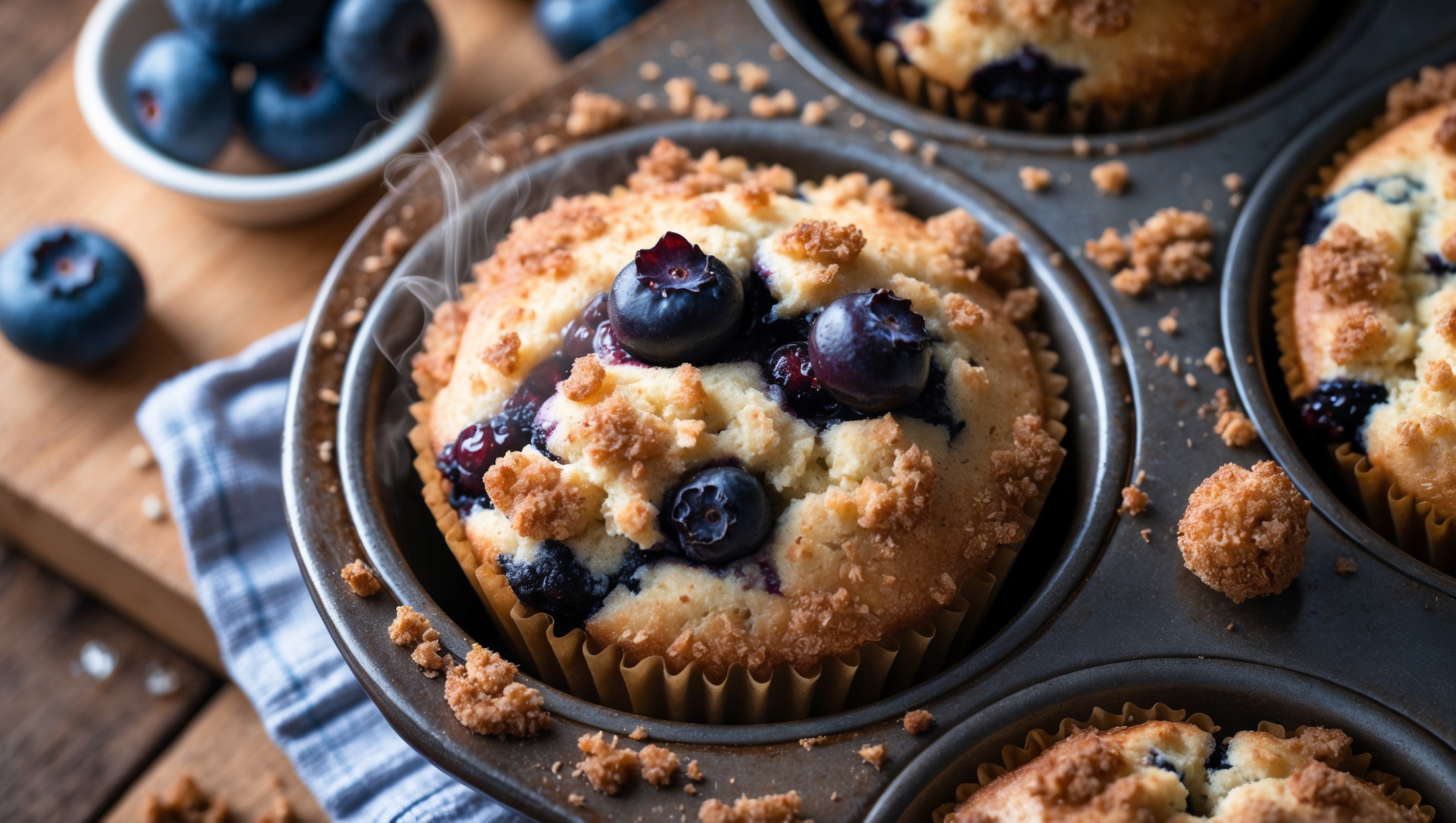 An overhead shot of freshly baked blueberry streusel muffins in a rustic muffin tin, with one muffin pulled away revealing its moist, berry-studded interior. Golden morning light highlights the craggy, cinnamon-speckled streusel topping that's browned to perfection, with some crumbs artfully scattered on the wooden serving board. A few fresh blueberries and a small bowl of raw sugar sit nearby, while steam gently rises from the just-baked treats. The rich purple-blue berry pockets peek through the light golden crumb, creating a striking color contrast against the warm amber tones of the streusel.