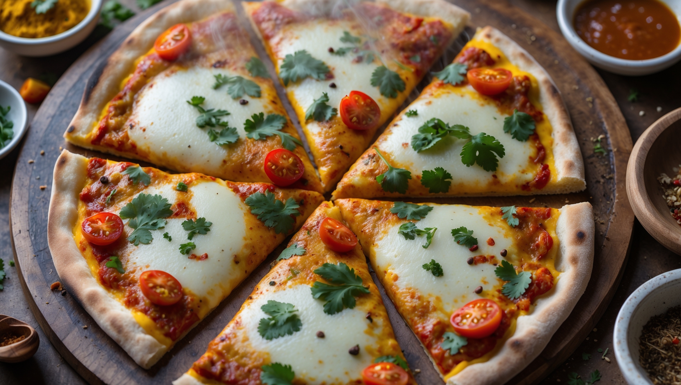 An overhead shot of a perfectly baked Bombay Masala Pizza with a golden-brown crust, showcasing vibrant colors from the turmeric-tinted curry sauce, red tomatoes, green cilantro, and white melted mozzarella. Shot in warm natural light that highlights the bubbling cheese and specks of colorful spices. Steam rises gently from the just-sliced pizza, revealing the thin, crisp base contrasting with the generous toppings. The pizza rests on a rustic wooden board with small bowls of extra chutney, chopped herbs, and scattered whole spices creating an aromatic Indian-Italian fusion scene.
