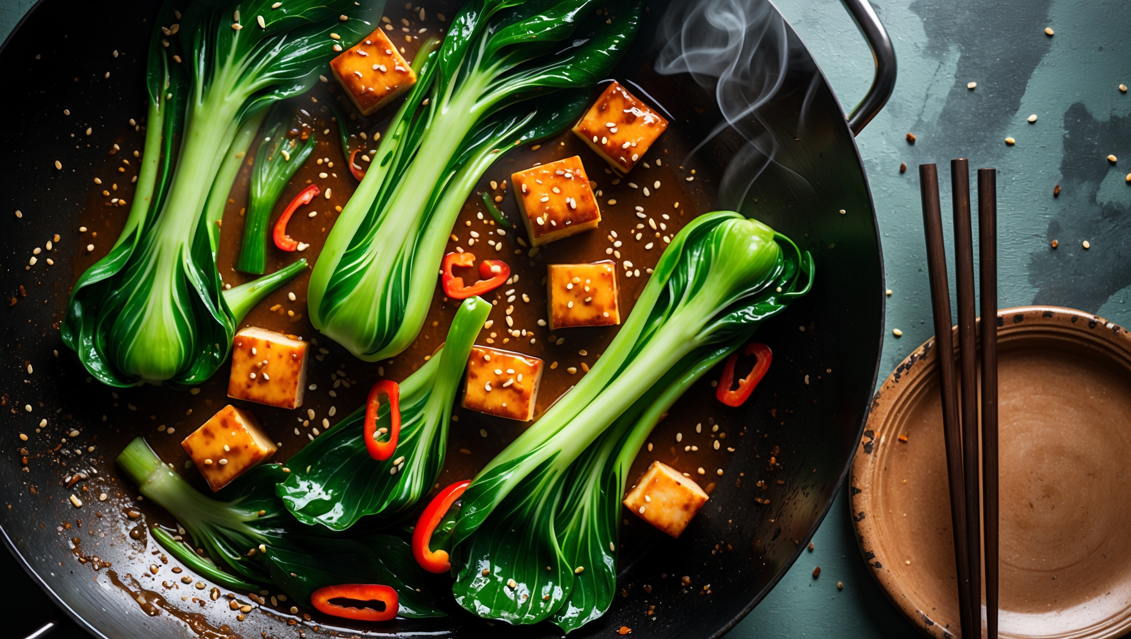 An overhead shot of a glossy wok filled with brilliant green bok choy stalks and leaves, glistening with sauce and interspersed with golden-brown pieces of tofu and vibrant red bell peppers. Steam rises gently from the dish, captured in soft natural light that highlights the caramelized edges of the vegetables and the sheen of the sauce. Scattered sesame seeds and thin slices of red chili provide visual contrast against the deep green vegetables, with chopsticks resting on the edge of a rustic ceramic plate beside the wok, ready for serving.