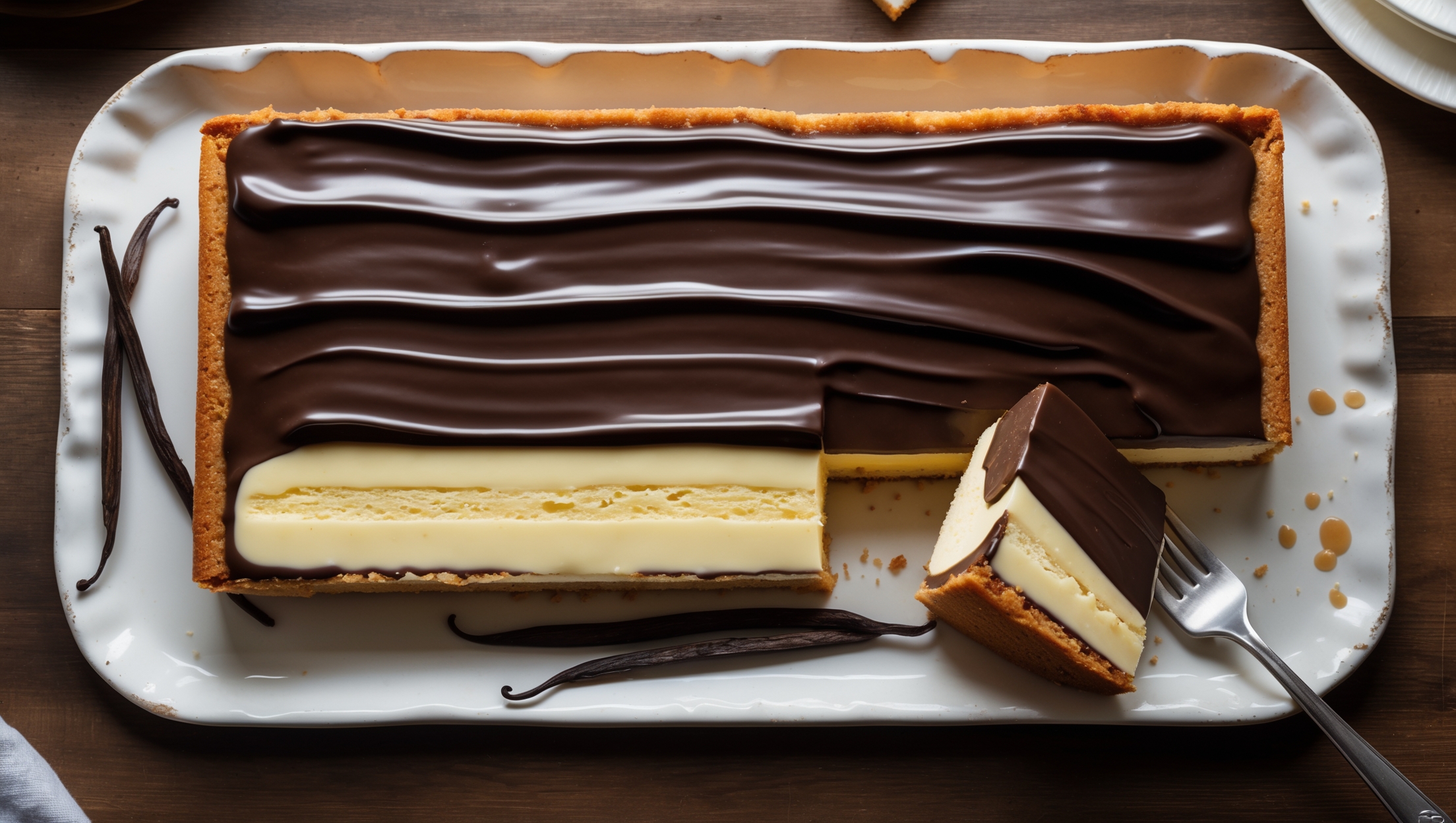 An overhead shot of a rectangular Boston Cream Pie Sheet Cake with one corner slice removed, revealing the distinct golden cake and pale yellow custard layers beneath the shiny chocolate ganache. Soft natural light streams across the surface, highlighting the mirror-like finish of the ganache with subtle chocolate ripples. The cake rests on a white ceramic rectangular platter adorned with a few scattered vanilla beans, while a dessert fork with a bite of cake sits nearby. A cross-section view captures the perfect proportions of the three layers – the fluffy, buttery cake base, the creamy vanilla custard center, and the thin, dark chocolate glaze that drips slightly over the edges.