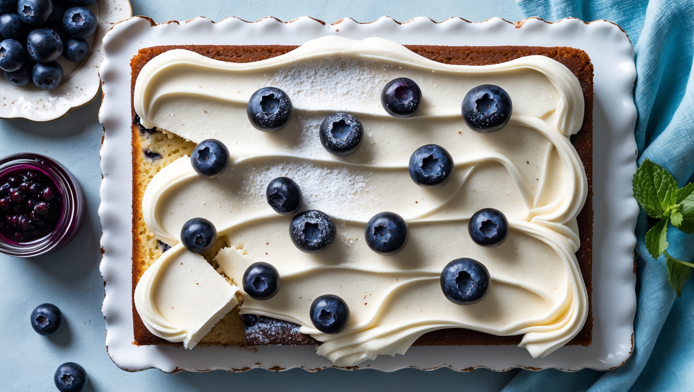 An overhead shot of a rectangular blueberry sheet cake with cream cheese frosting spread generously across the top, creating subtle swoops and swirls. Several plump blueberries are scattered decoratively on the frosting, some lightly dusted with powdered sugar. The cake sits on a vintage white cake stand against a light blue linen background, with a few slices cut to reveal the moist crumb dotted with bursts of deep purple blueberries. Soft natural light streams in from the side, highlighting the glossy texture of the frosting and the vibrant color contrast between the golden cake, white frosting, and deep indigo berries. A small jar of blueberry preserves and a sprig of fresh mint add complementary styling elements.