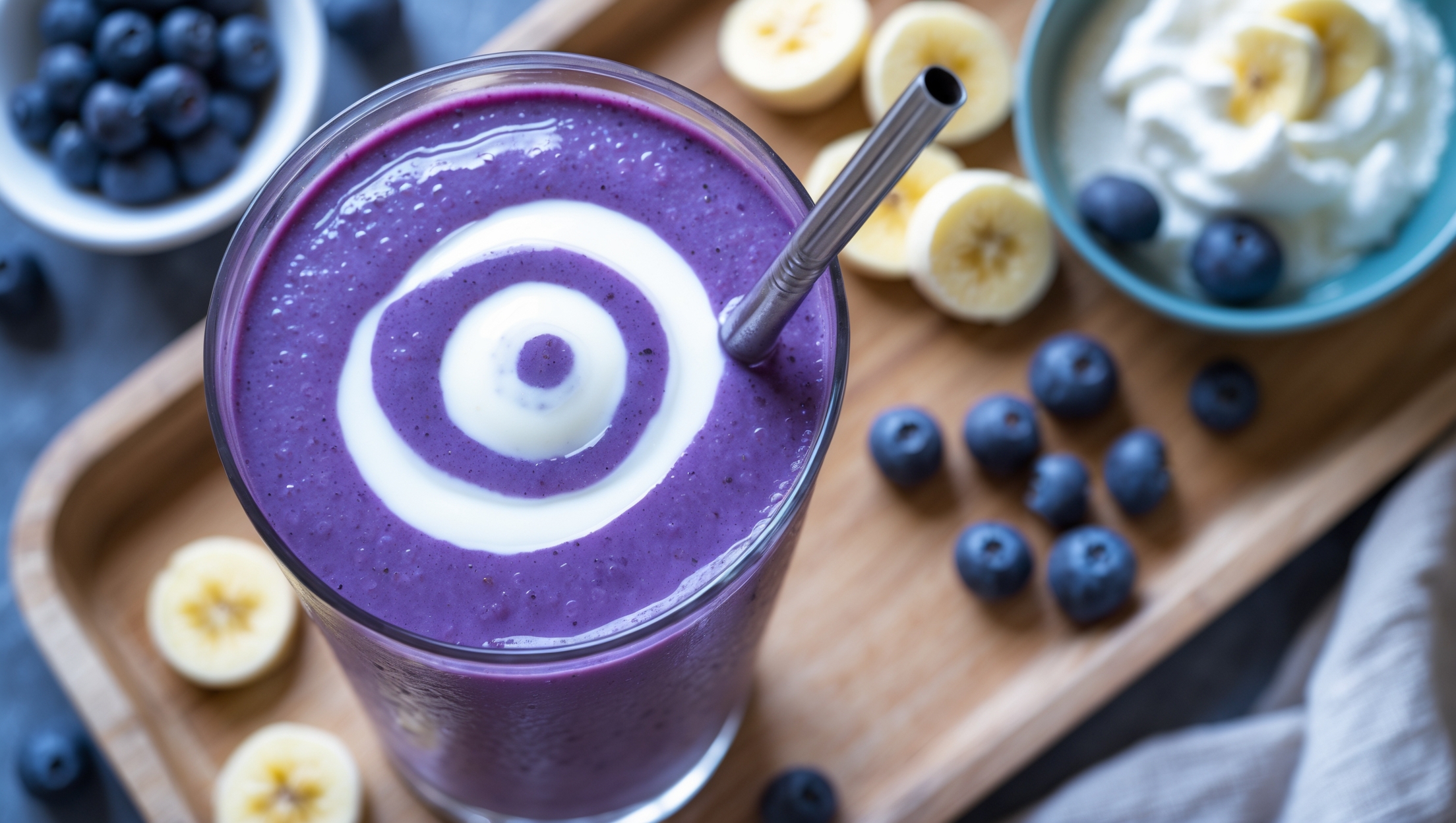 An overhead shot of a tall glass filled with a vivid purple-blue smoothie, its surface swirled with a pristine white coconut cream spiral. The glass sits on a light wooden breakfast tray alongside scattered fresh blueberries and sliced bananas. A stainless steel straw tilts against the rim, catching the soft morning light that highlights the smoothie's velvety texture. In the background, a small bowl of fresh blueberries and a pot of Greek yogurt create context for the wholesome ingredients, while a folded linen napkin adds rustic charm to this breakfast scene.