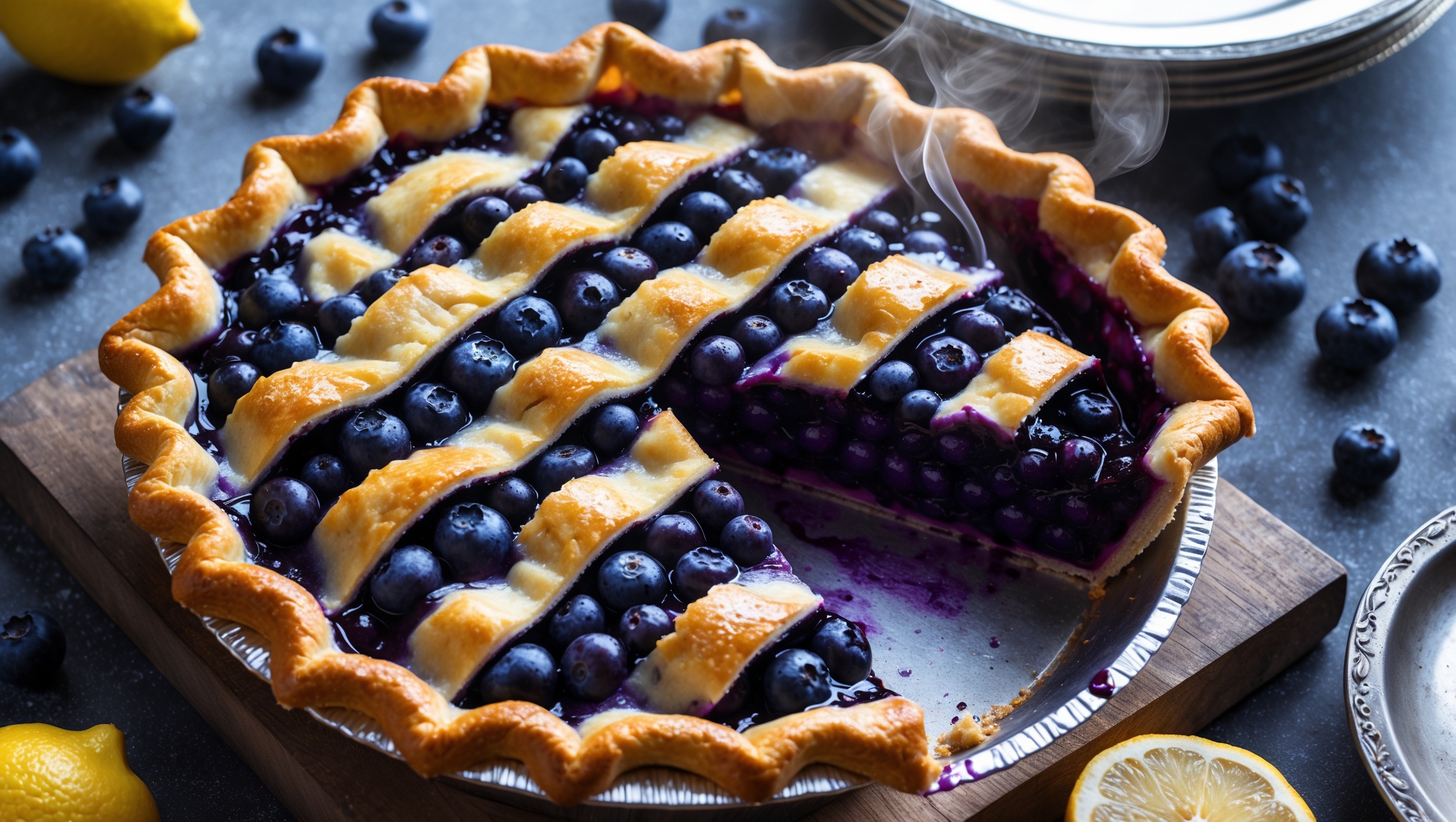 An overhead shot of a freshly baked blueberry pie, its lattice top golden-brown and glistening with sugar crystals under soft natural light. Deep purple-blue filling bubbles slightly at the edges where it has escaped between the woven pastry strips. The cross-section reveals plump blueberries suspended in a glossy, jewel-toned filling that holds its shape without being runny. The pie rests on a weathered wooden board with scattered fresh blueberries and lemon slices strategically placed alongside, while a vintage silver server waits nearby. Steam rises gently from a just-cut slice, revealing the perfect contrast between the flaky, buttery crust and the vibrant berry interior.