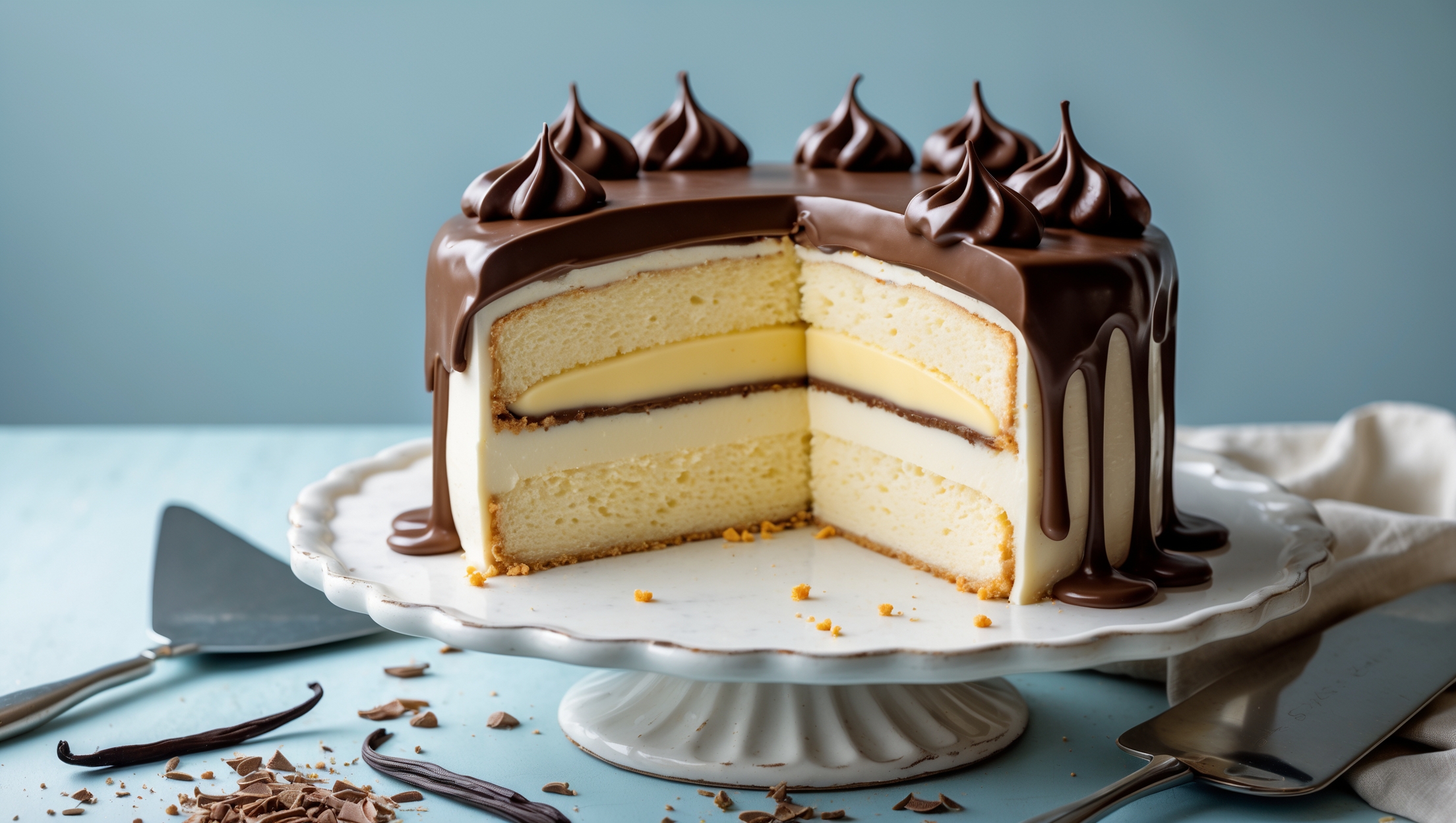 An elegant cross-section of Boston Cream Pie showcases three distinct layers - golden vanilla sponge cake, pale yellow custard filling, and glossy chocolate ganache topping that drips slightly down the sides. The cake sits on a vintage white cake stand against a light blue backdrop, with soft natural light highlighting the velvety texture of the custard and sheen of the chocolate. A silver cake server rests nearby with a perfect slice removed, revealing the creamy center that holds its shape without oozing. Scattered vanilla beans and chocolate shavings surround the base, adding textural interest and hinting at the key flavors within.