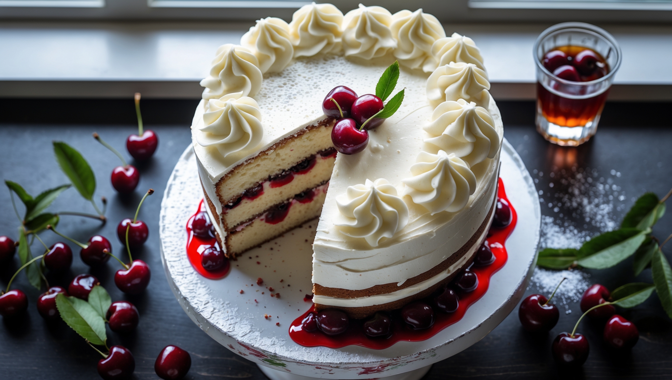 An overhead shot of a three-layer cake with pristine cream cheese frosting applied in elegant swoops and swirls, captured in soft natural light streaming through a kitchen window. The cake sits on a vintage white cake stand against a dark wooden surface, with a single slice removed to reveal layers of moist vanilla cake, vibrant red cherry filling, and creamy frosting. Fresh cherries and their deep green leaves are scattered artfully around the base, while a small glass of bourbon sits nearby, suggesting the flavor profile. A dusting of powdered sugar and a drizzle of cherry syrup cascades down one side of the cake, highlighting its moist texture and rich components.