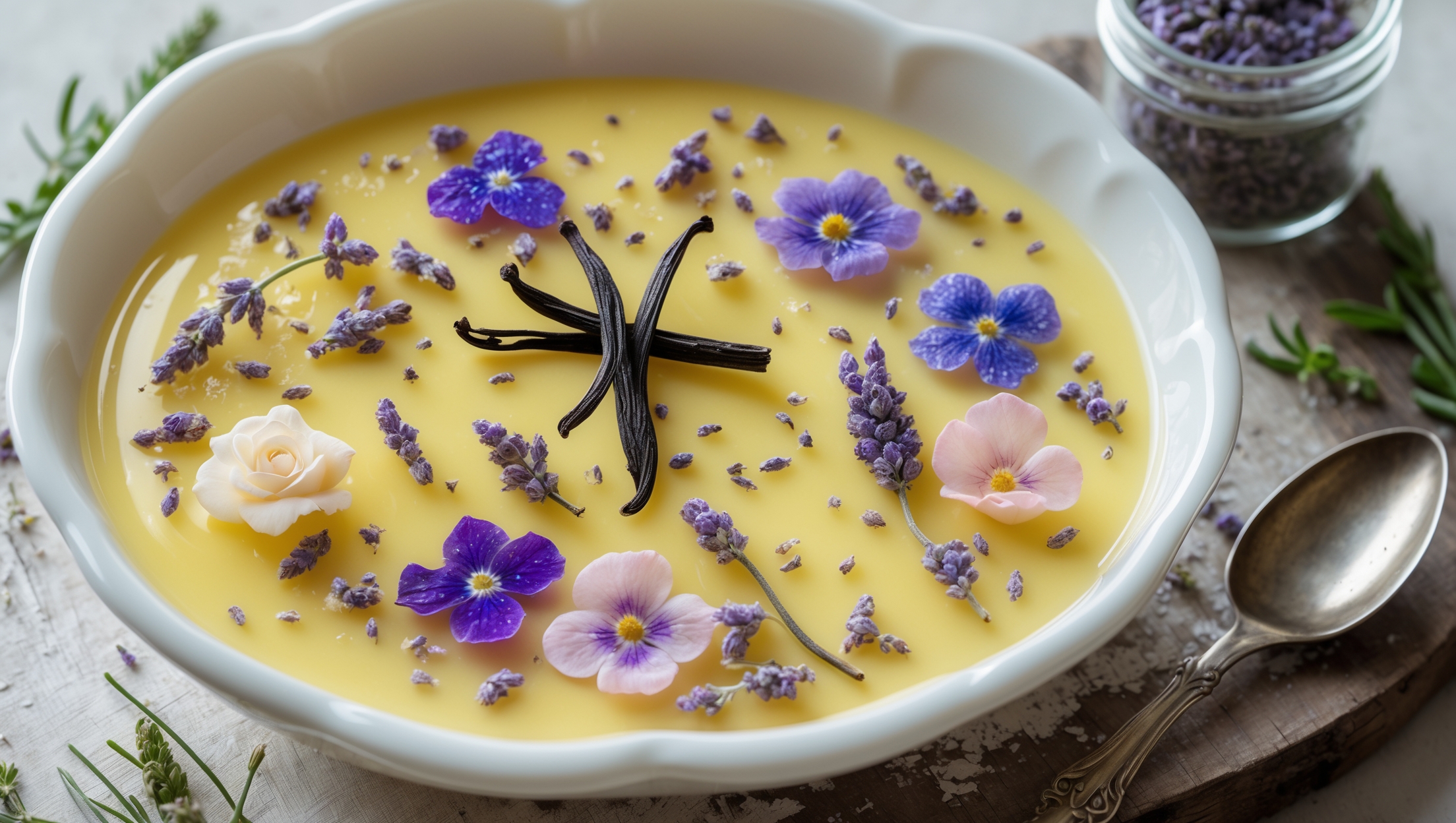A shallow white porcelain dish holds the golden botanical custard, its surface adorned with a constellation of crystallized edible flowers that glisten in the soft natural light. A close-up reveals the custard's silky-smooth texture with tiny flecks of vanilla bean and lavender buds suspended throughout. The crystallized flowers—vibrant violets, pale primroses, and delicate rose petals—create a striking color contrast against the pale yellow base. The styling includes scattered fresh herb sprigs, a small jar of culinary lavender, and a vintage silver spoon resting alongside the dish on a weathered wooden board, capturing the elegant yet rustic nature of this botanical dessert.