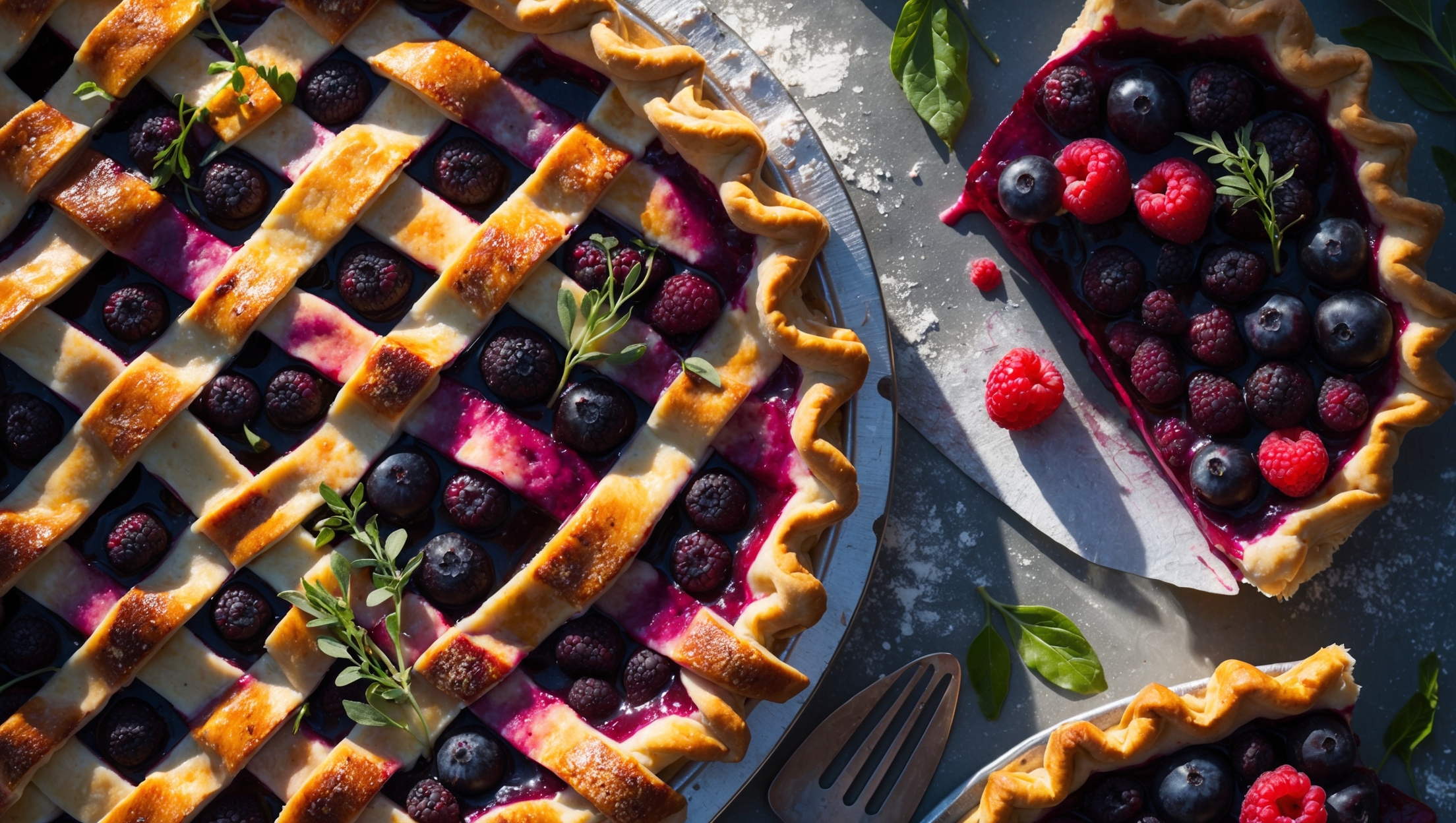 An overhead shot of the Triple Berry Trellis Pie reveals an intricate lattice pattern with thin, perfectly golden-brown strips of pastry weaving over a deep purple-red filling where plump berries glisten beneath. Natural light streams across the scene, highlighting the caramelized sugar crystals atop the crust. A cross-section view shows layers of different berries nestled among fresh herb sprigs, with clear juices that have set beautifully. The pie rests on a weathered wooden board dusted with flour, surrounded by scattered fresh berries, herb leaves, and vintage pie servers. Steam gently rises from a freshly cut slice, revealing the rich berry interior studded with flecks of green herbs.