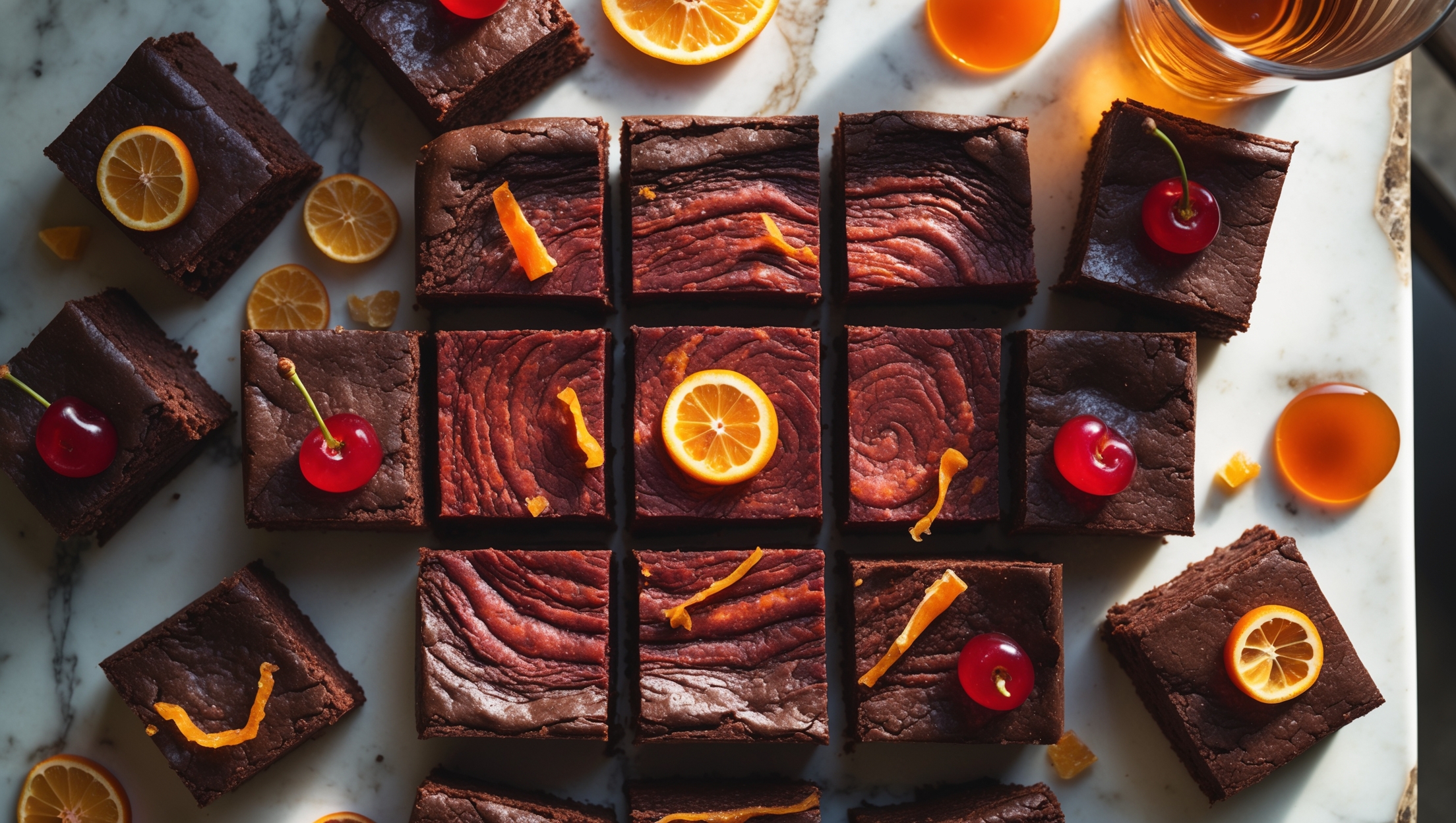 An overhead shot of rectangular cocktail-inspired brownies arranged on a vintage marble bar surface, their dense fudgy texture visible from cross-sections that reveal subtle reddish-amber swirls. Soft backlighting highlights the glossy, crackly tops dusted with dehydrated orange zest and cocoa powder. Several squares feature decorative candied orange peels and crystallized cherries reminiscent of cocktail garnishes. A tumbler glass with bourbon sits alongside, while scattered Campari-infused chocolate pieces add vibrant color contrast against the dark, moist brownies. The natural window light catches the amber highlights, suggesting the complex bittersweet flavor of the classic Boulevardier cocktail transformed into decadent pastry form.
