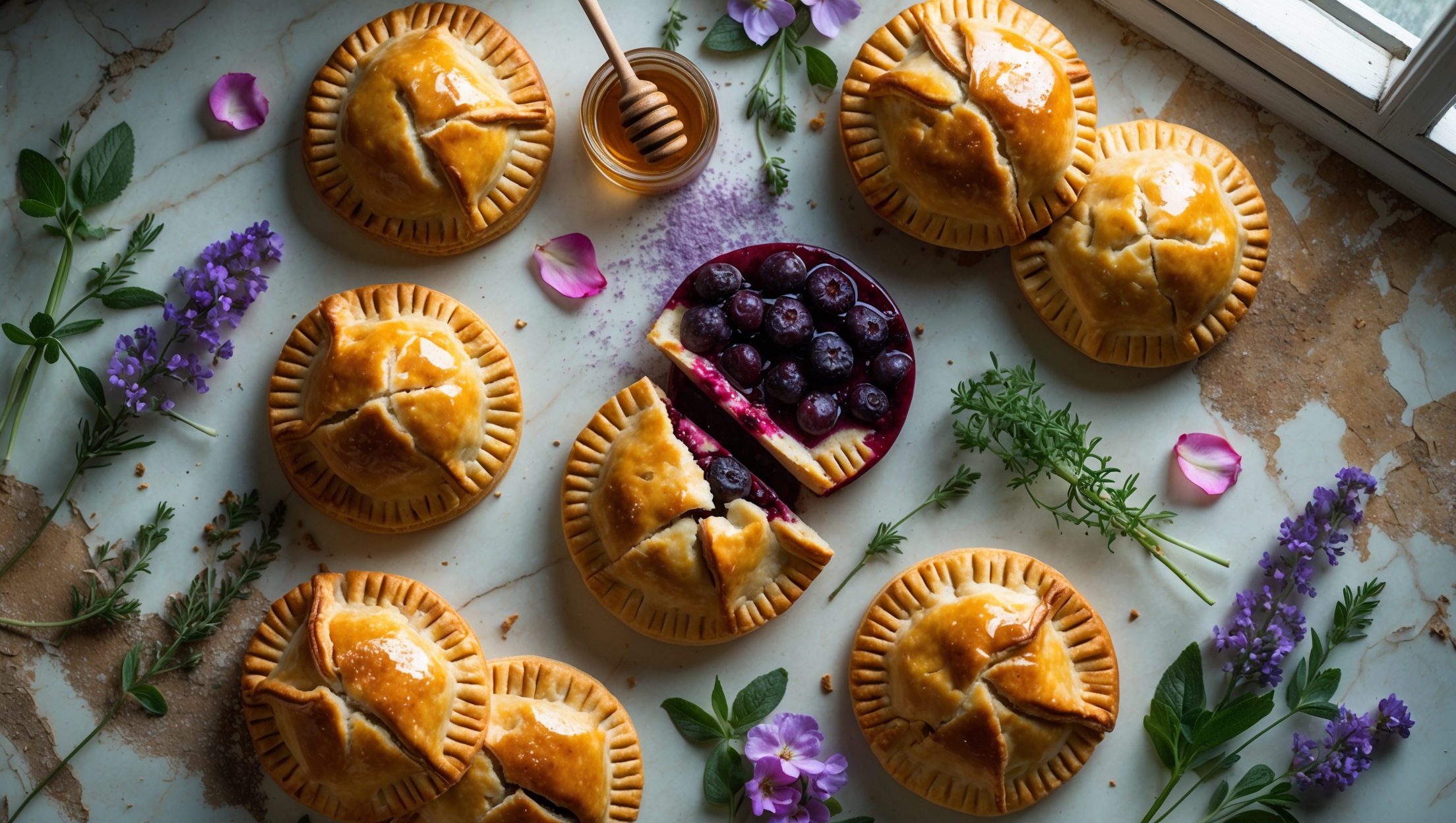 An overhead shot of six golden-brown hand pies arranged on a weathered marble surface, with crystallized violets, rose petals, and lavender sprigs creating vibrant color accents against the flaky pastry. A cross-section view reveals the herb-infused berry filling oozing slightly from one pie, while a sprinkle of sanding sugar catches the soft natural light streaming through a nearby window. Fresh herbs and flowers matching those used in the recipe are artfully scattered around the composition, with a small jar of honey and vintage serving utensils completing the rustic botanical styling.