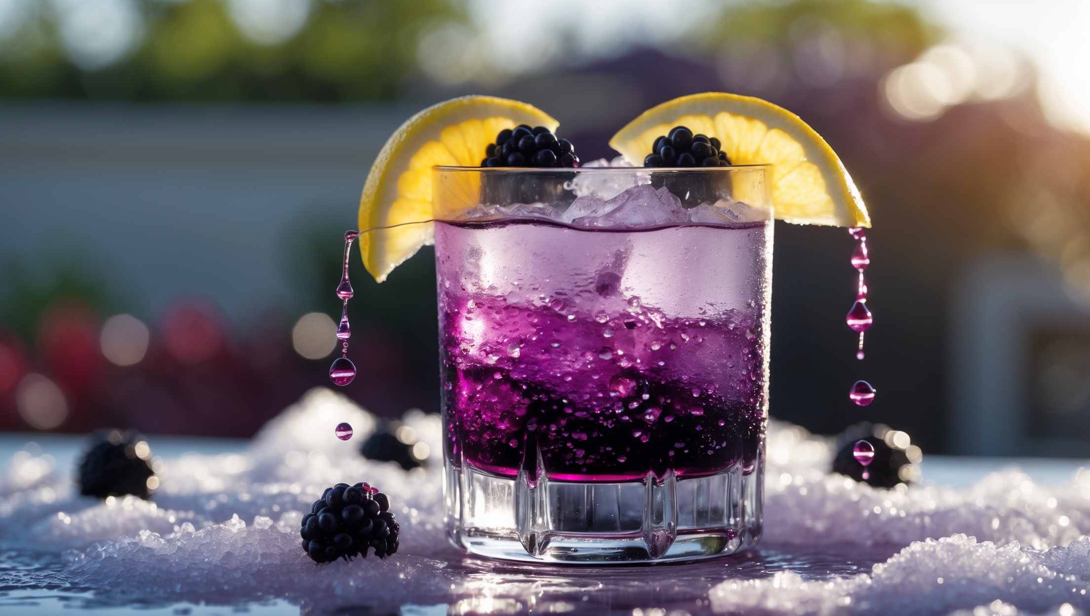 A close-up of a Bramble served in a rocks glass, showcasing the dramatic color transition from clear gin at the bottom to deep purple blackberry liqueur cascading through crushed ice. Golden afternoon light catches the glass's condensation and illuminates the fresh blackberries and lemon wedge perched on the rim. Tiny droplets of blackberry liqueur create artistic purple trails through the cocktail, while frost-covered crushed ice glistens like diamonds. The environment suggests a garden terrace setting with blurred greenery in the background, perfectly complementing this berry-forward summer classic.