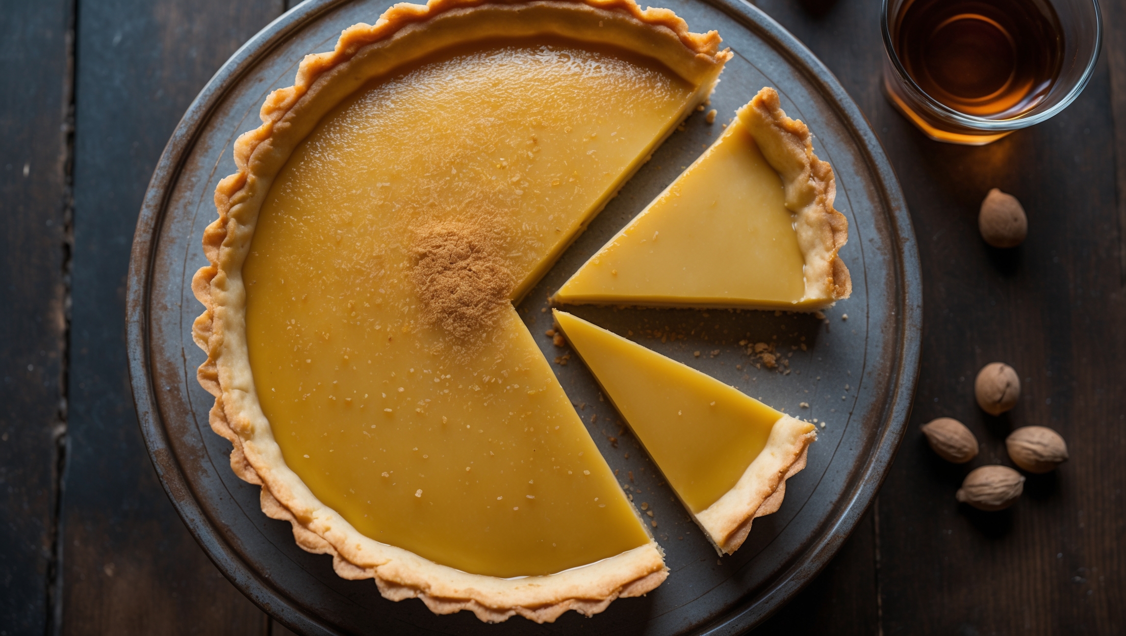 An overhead shot of a perfectly golden Brandy Custard Tart with a cross-section wedge removed, revealing the velvety custard filling. The tart sits on an antique ceramic cake stand against a dark wooden surface, with soft natural light highlighting the glossy custard's amber hue. A light dusting of freshly grated nutmeg creates delicate speckles across the surface, while a small glass of brandy and scattered whole nutmegs rest artfully in the background. The flaky, buttery crust shows distinct layers where it's been sliced, with tiny bubbles visible in the smooth custard that catches the light with its subtle sheen.