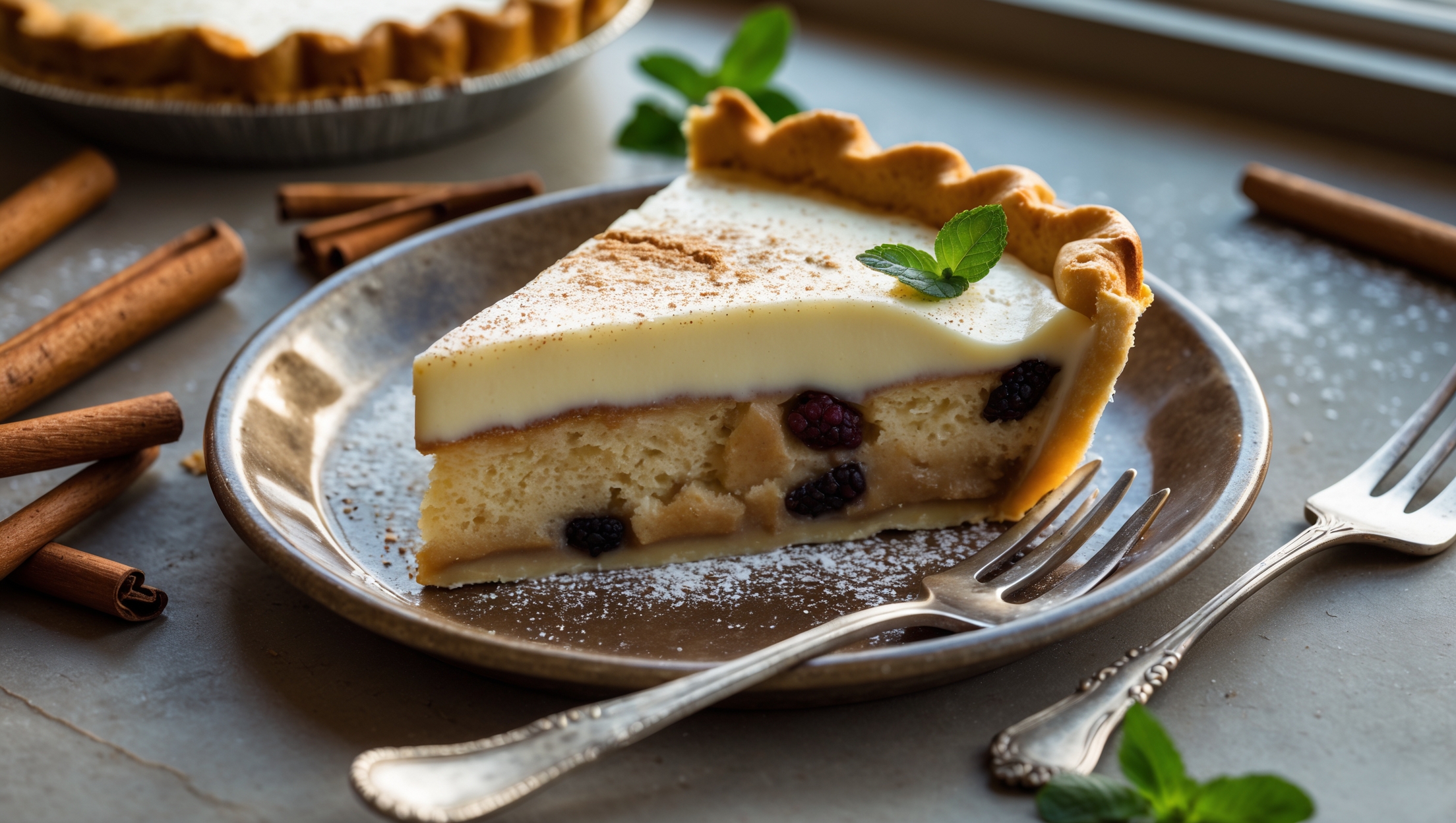 An overhead shot of a perfectly sliced wedge of Bread Pudding Cream Pie, revealing distinct golden-brown bread pudding base and creamy vanilla custard top layer. Captured in soft natural light streaming through a kitchen window, the pie rests on a rustic ceramic plate with a vintage silver fork alongside. Visible cinnamon specks and plump raisins dot the bread pudding layer, while the cream top shimmers with a thin layer of caramelized sugar. A light dusting of powdered sugar and a sprig of mint add contrasting colors against the warm amber and cream tones of the pie. Background elements include scattered whole cinnamon sticks and vanilla pods, emphasizing the pie's aromatic spiced profile.