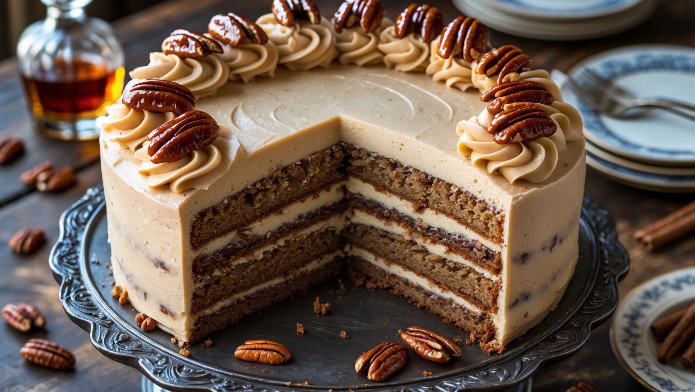 An overhead shot captures this three-layer bourbon pecan cake on an ornate cast iron cake stand, with warm afternoon light highlighting its textured brown butter frosting swirled in elegant peaks. The cross-section reveals moist, golden-brown cake layers speckled with toasted pecans and subtle bourbon-soaked depth. Whole and chopped pecans crown the top, some glazed with caramel for glossy contrast against the frosting's creamy beige tones. A crystal decanter of bourbon and vintage serving plates wait nearby on a distressed wooden table, with scattered pecan halves and cinnamon sticks adding rustic charm to this sophisticated Southern-inspired dessert.