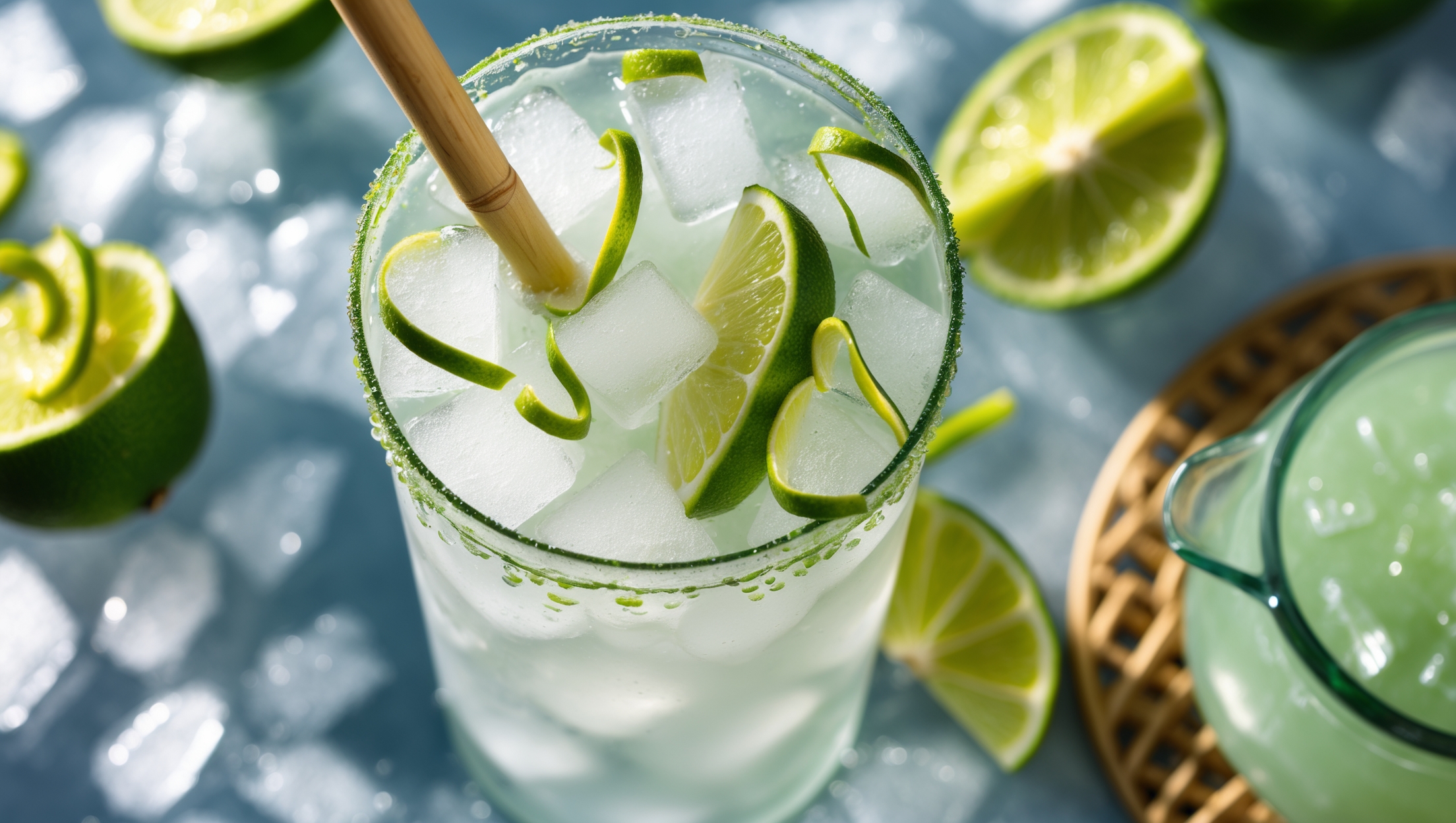 Overhead shot of a frosted highball glass filled with a cloudy white-green Brazilian limeade mocktail, ice cubes glistening under bright natural daylight. Lime wedges nestle along the rim while zest curls float on the surface, creating vibrant green accents against the creamy background. Condensation beads on the glass capture the light, suggesting the perfect chilled temperature. A bamboo straw stands at attention while crushed ice creates texture throughout the drink, with a small pitcher of additional limeade positioned nearby on a natural rattan coaster.
