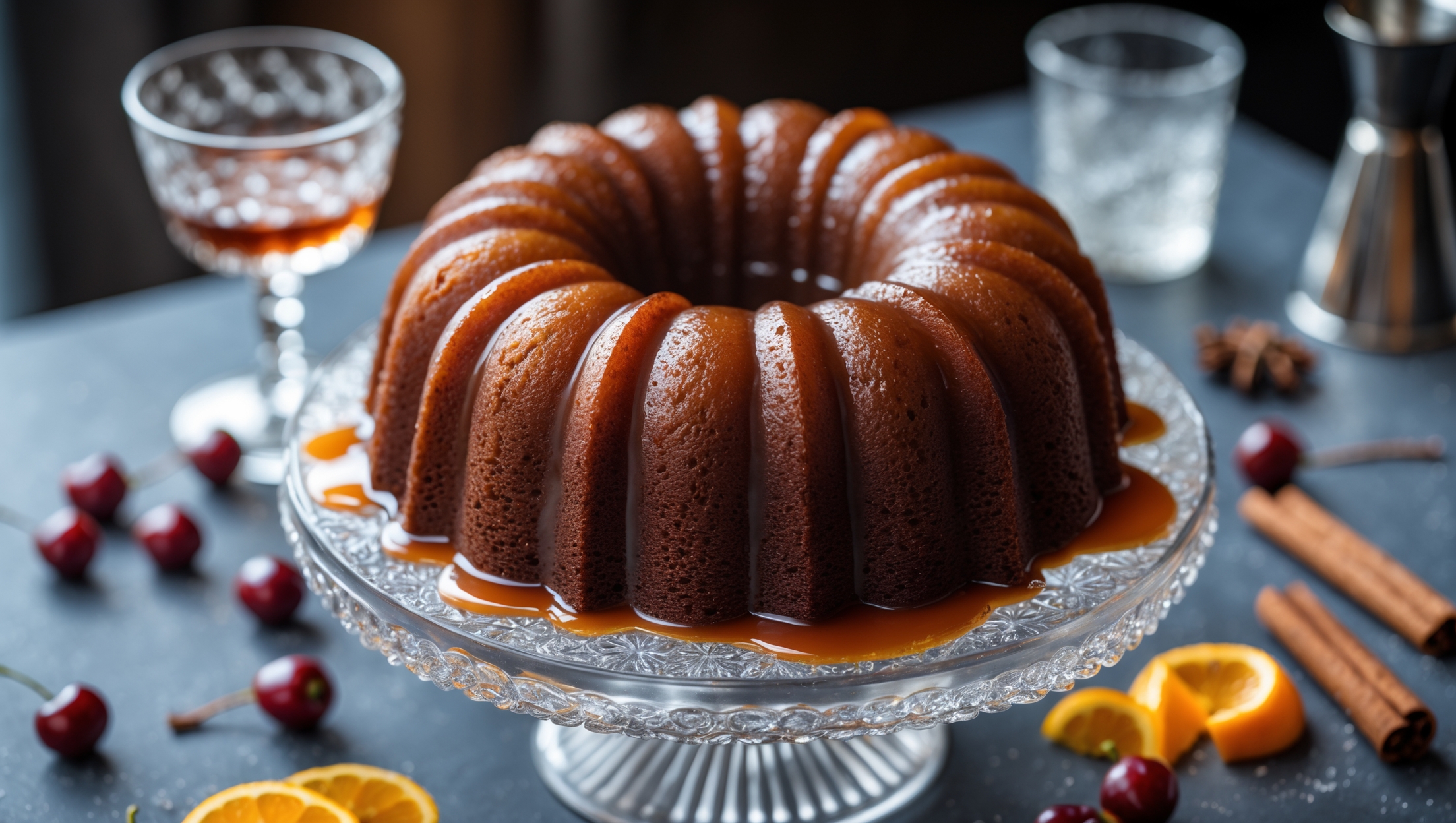 An elegant overhead shot of a deep amber-colored bundt cake glistening with bourbon-vermouth glaze that pools delicately at its base. The cake sits atop a vintage crystal cake stand, mirroring the sophisticated presentation of its cocktail inspiration. Soft natural light catches the glazed surface, highlighting its sheen while casting gentle shadows that accentuate the cake's intricate ridges. Scattered around the base are Luxardo cherries and orange peels, with a light dusting of aromatic bitters creating red speckles across the top. In the background, a blurred cocktail mixing glass and jigger suggest the recipe's inspiration, while cinnamon sticks and star anise add warmth to the composition.