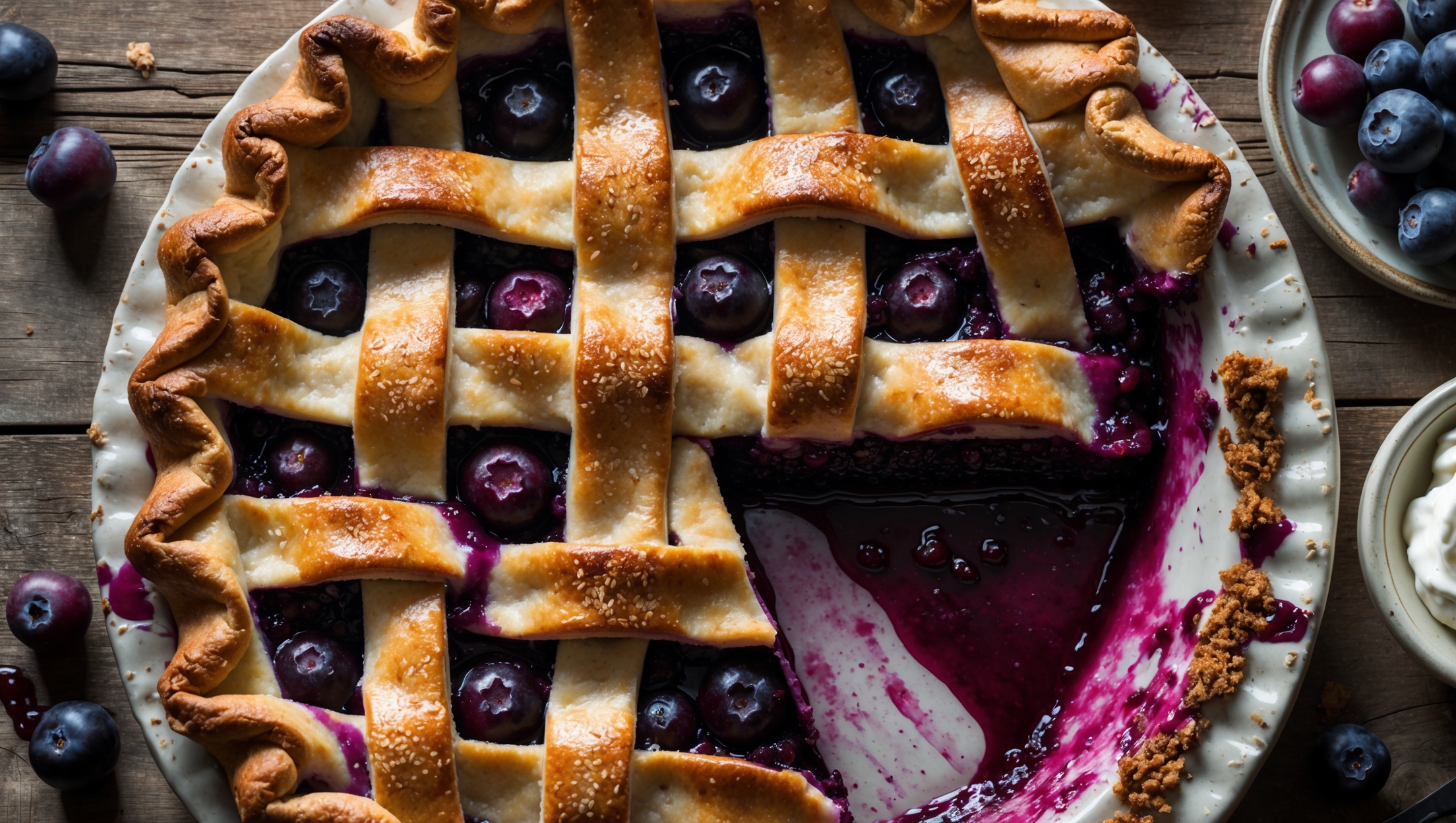An overhead shot of a golden-brown lattice-topped boysenberry pie, with deep purple filling bubbling through the openings. Soft natural light highlights the sugar-sprinkled crust's flaky layers and the pie's glistening, jammy interior. A slice has been removed, revealing the perfectly set filling that holds its shape while remaining juicy and vibrant. The pie rests on a vintage ceramic plate against a rustic wooden table, with scattered fresh boysenberries and a small bowl of whipped cream nearby, creating a homey, inviting scene that emphasizes the pie's artisanal quality and the rich purple-red hue of the seasonal berries.