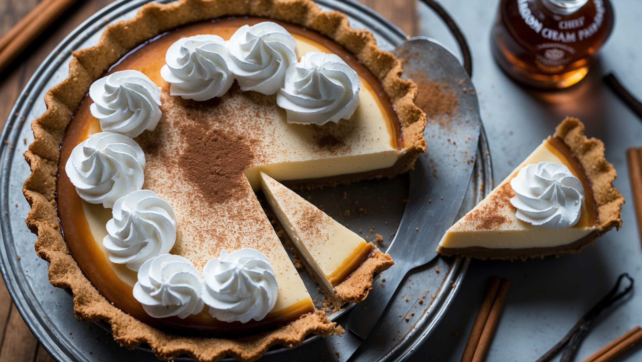 An overhead shot captures this Bourbon Cream Pie in all its glory, showing the contrast between the golden-brown graham cracker crust, caramel-colored bourbon filling, and cloud-like swirls of fresh whipped cream. Soft natural light streams across the surface, highlighting the delicate dusting of cinnamon and cocoa powder. The pie rests on a weathered wooden cake stand with scattered cinnamon sticks, bourbon bottles, and vanilla beans strategically placed in the background. A slice has been removed, revealing the silky, rich custard interior that holds its shape perfectly when cut, with tiny flecks of vanilla bean visible throughout.