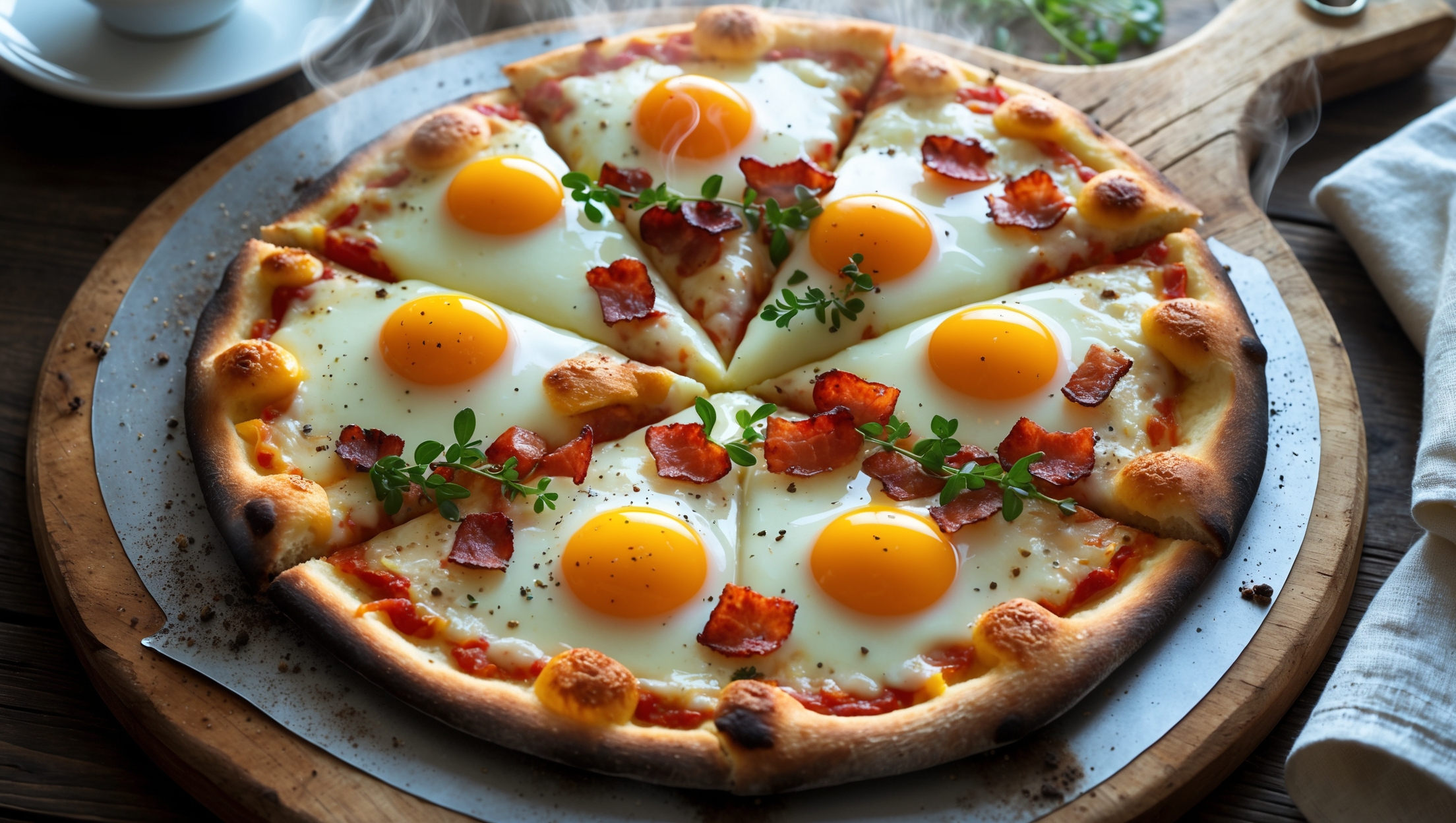 An overhead shot of a golden-brown breakfast pizza on a rustic wooden pizza peel, steam gently rising from the surface. The crust is perfectly browned at the edges with visible air bubbles, while sunny yellow egg yolks rest atop melted cheese that stretches when sliced. Crispy bacon pieces are scattered throughout, providing textural contrast against the creamy base. Sprigs of fresh herbs add bright green accents, and a light dusting of black pepper provides visual interest. Soft morning light streams across the scene, highlighting the glistening cheese and the slightly charred edges of the crust. A coffee cup and folded napkin are positioned in the corner of the frame, completing the breakfast setting.